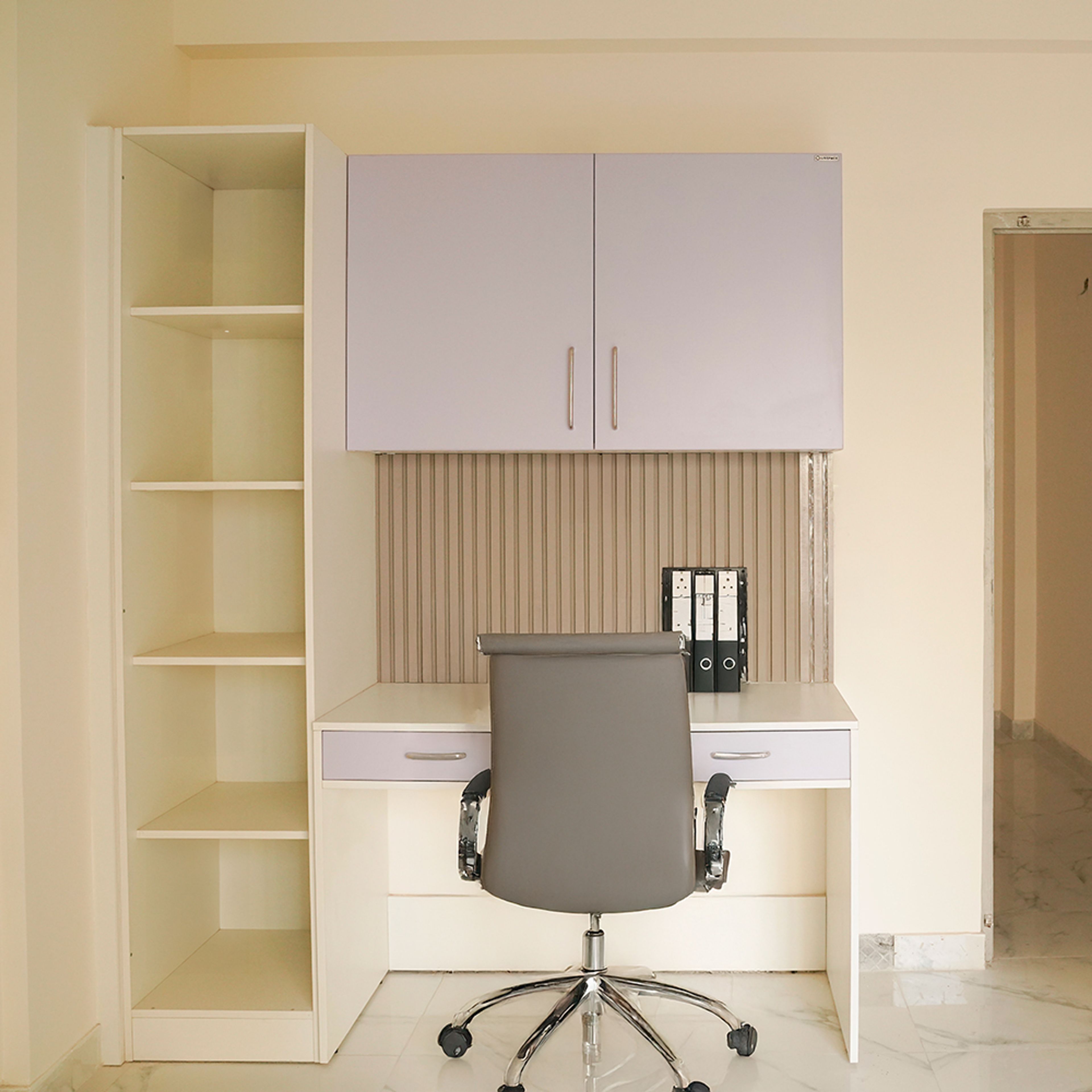 Study Unit Design with White Desk and Wall Units and Attached Cream Open Tall Unit