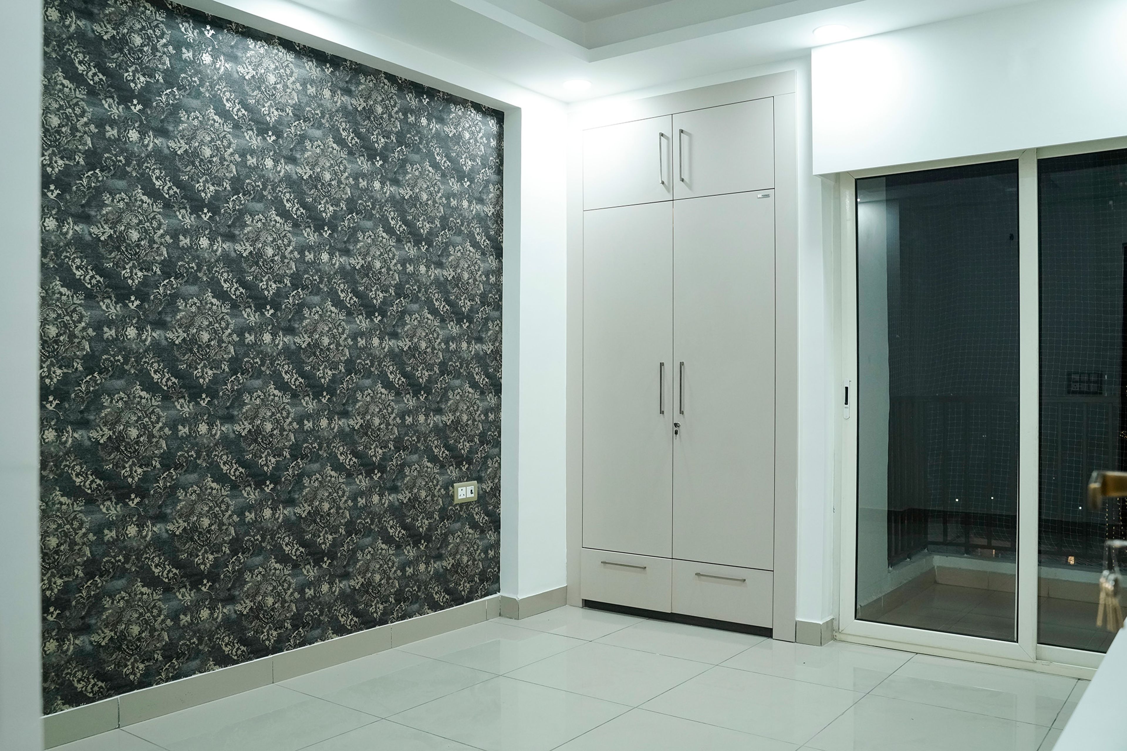 Bedroom Design with 2-Door Off-White Swing Wardrobe and Grey and Black Ethnic Motif Wallpaper