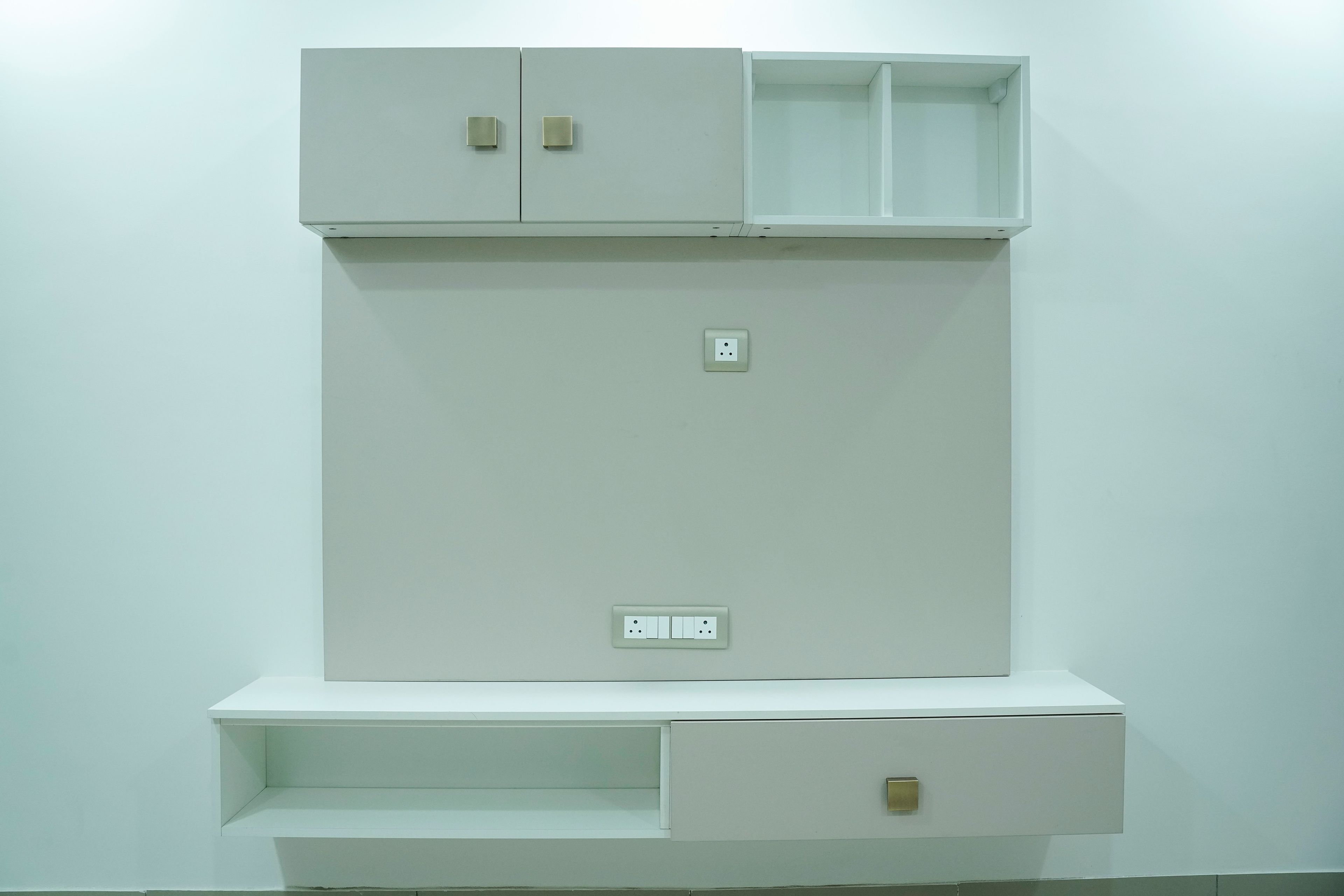 TV Unit Design with White and Beige Wall Mounted Cabinets