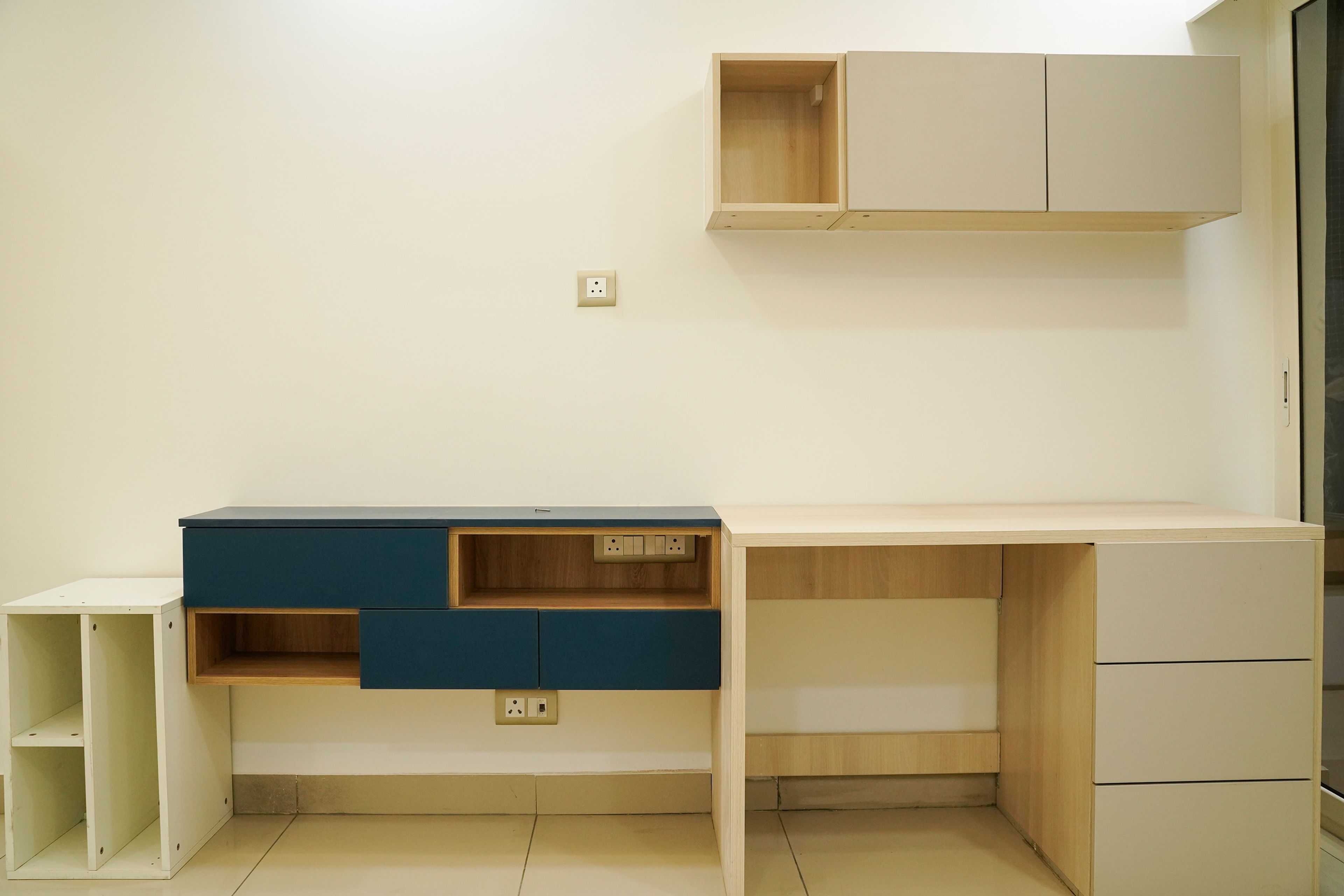 Study Unit Blue and Beige Desk with Drawers and Beige Wall Unit