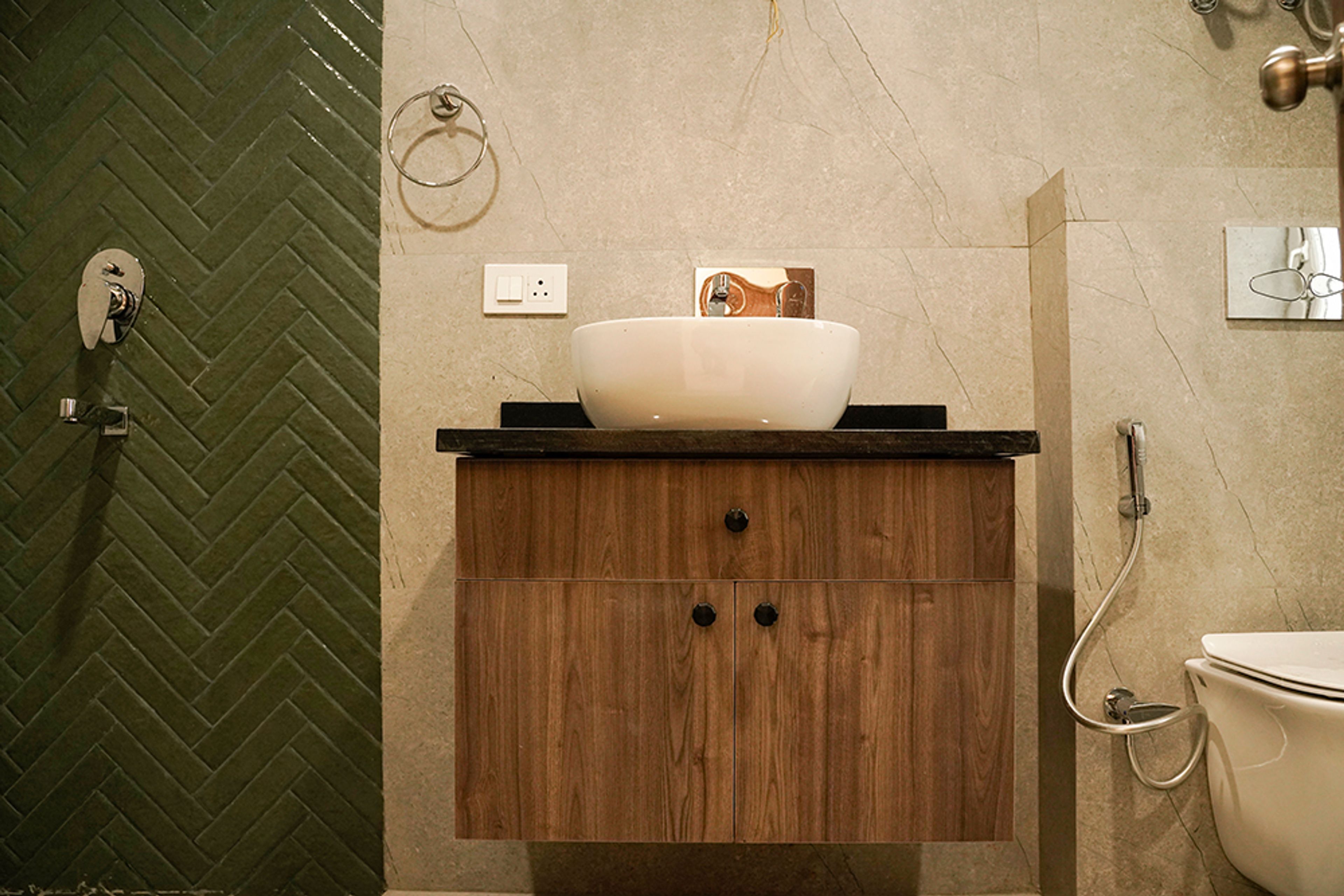 Bathroom Design with Wooden Cabinet and Green Tiles