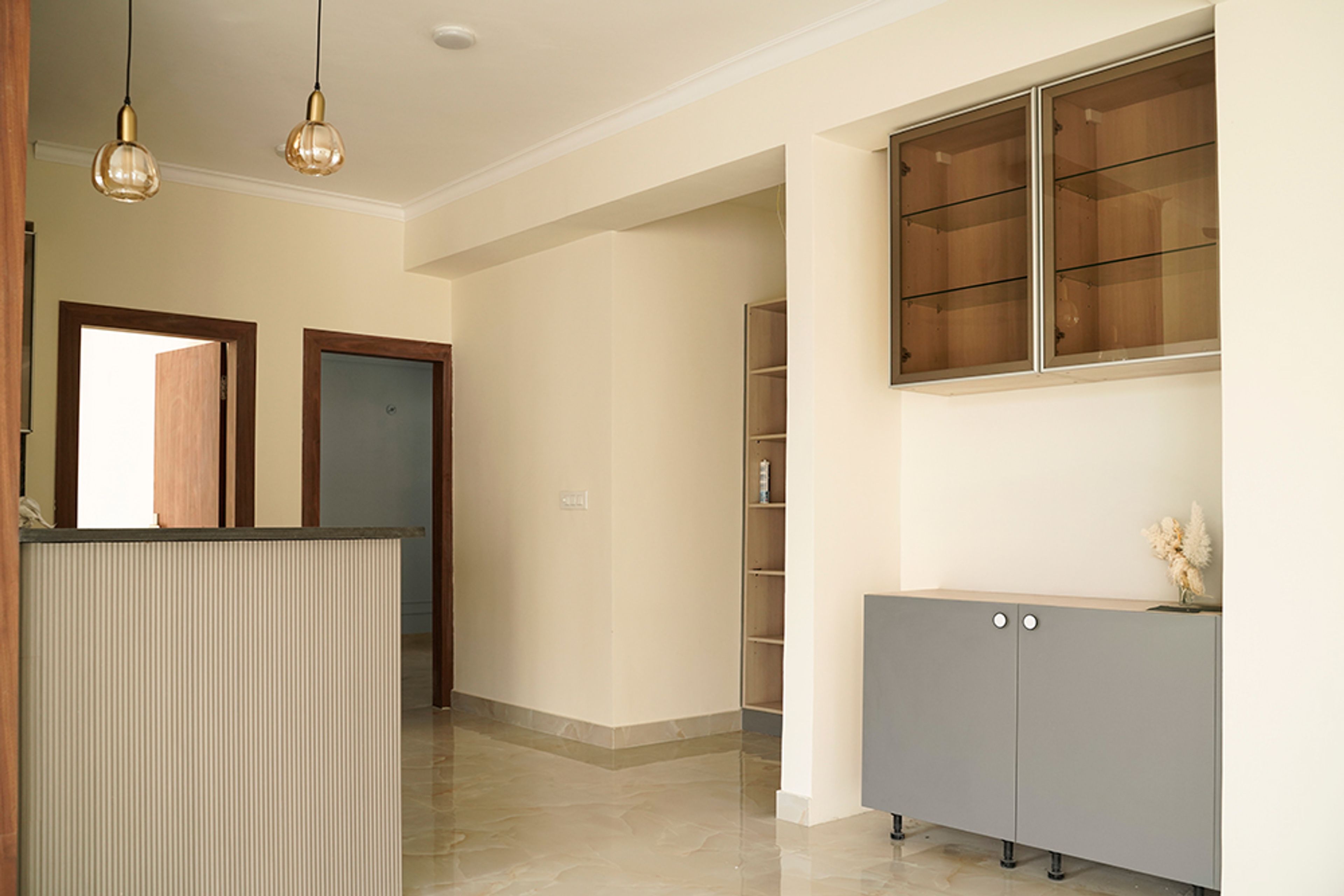 Crockery Unit Design with Grey Base Units and Glass Wall Units