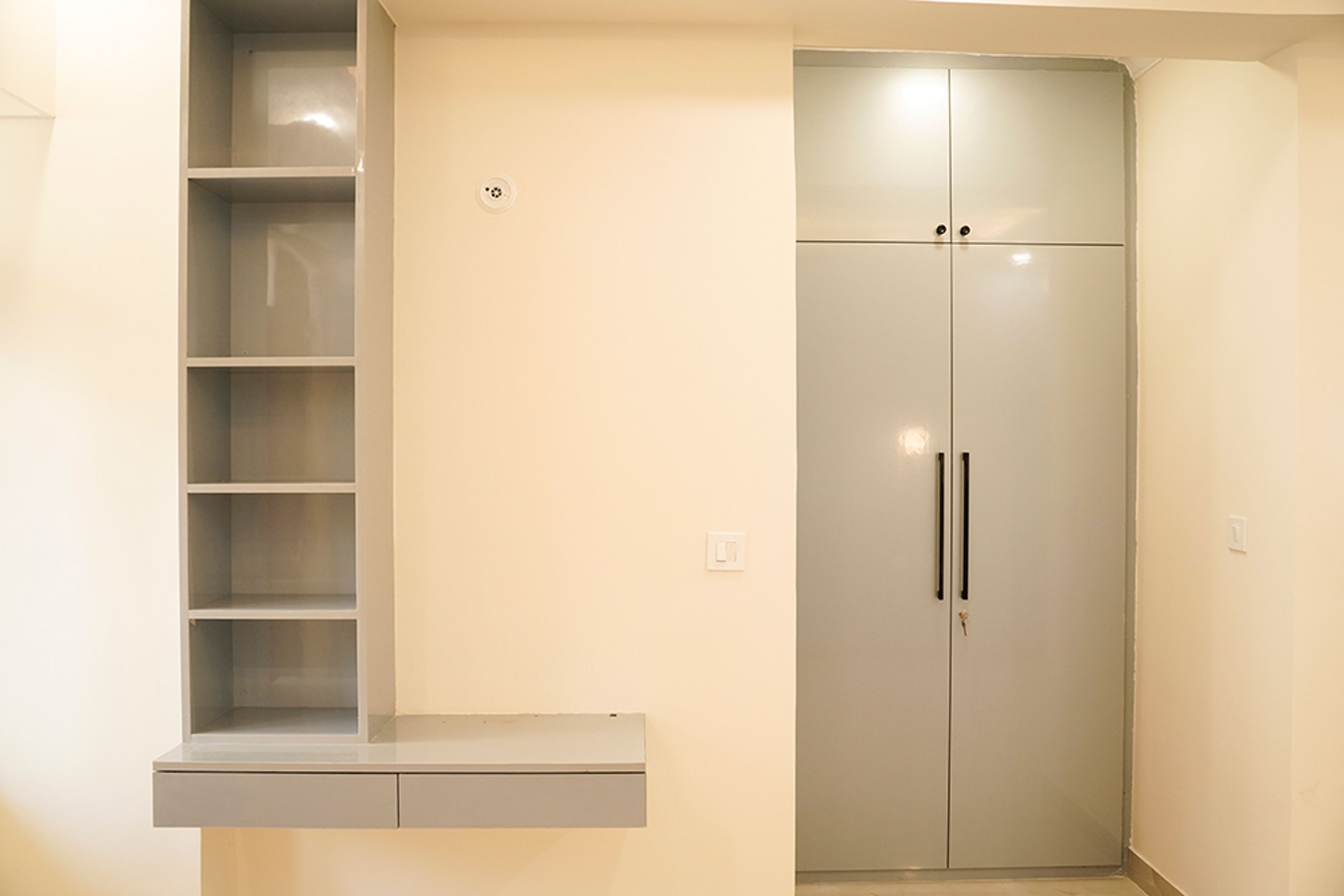TV Unit Design with Grey Study Unit and Wall Unit and 2-Door Grey Swing Wardrobe