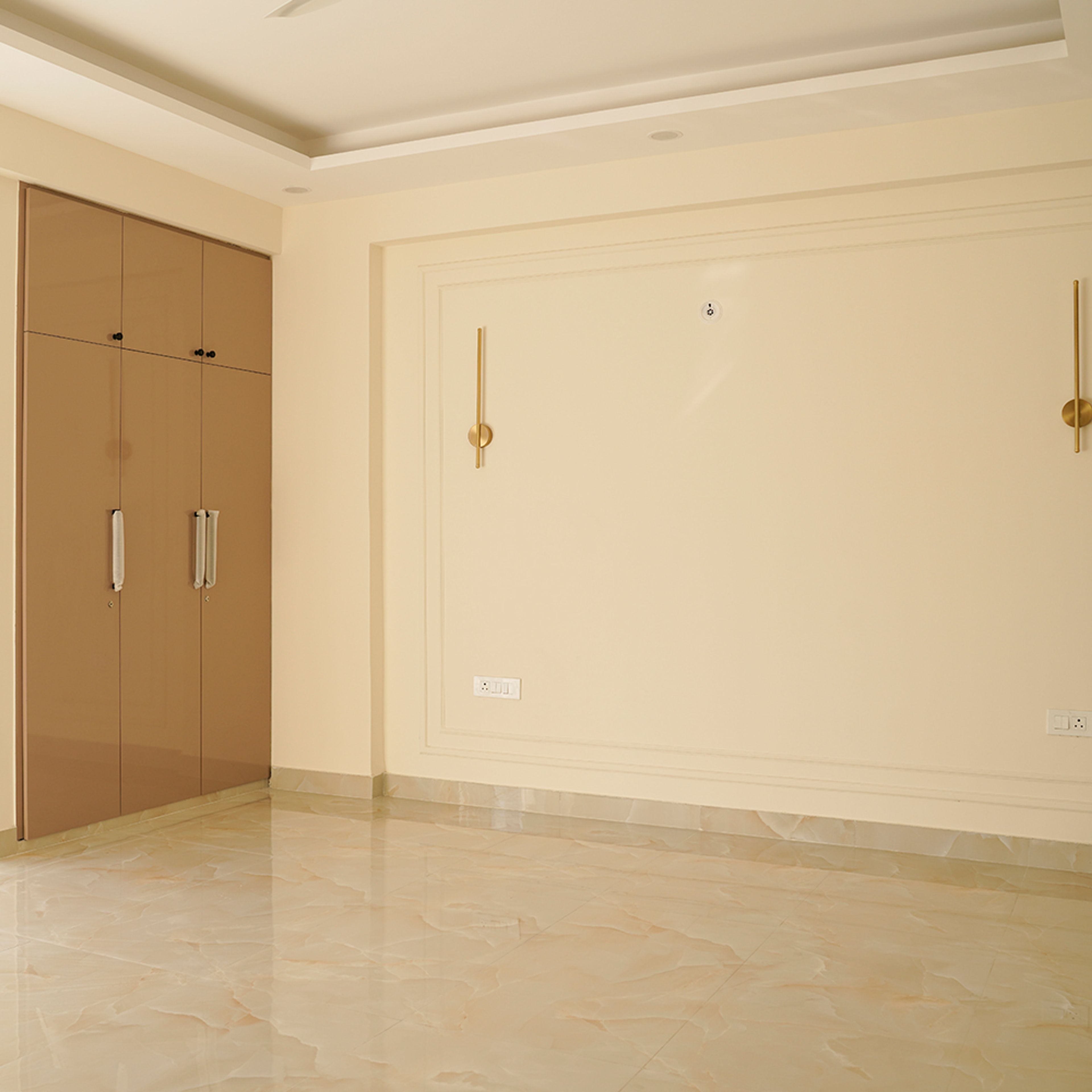 Bedroom Design with Brown 3-Door Glossing Swing Wardrobe