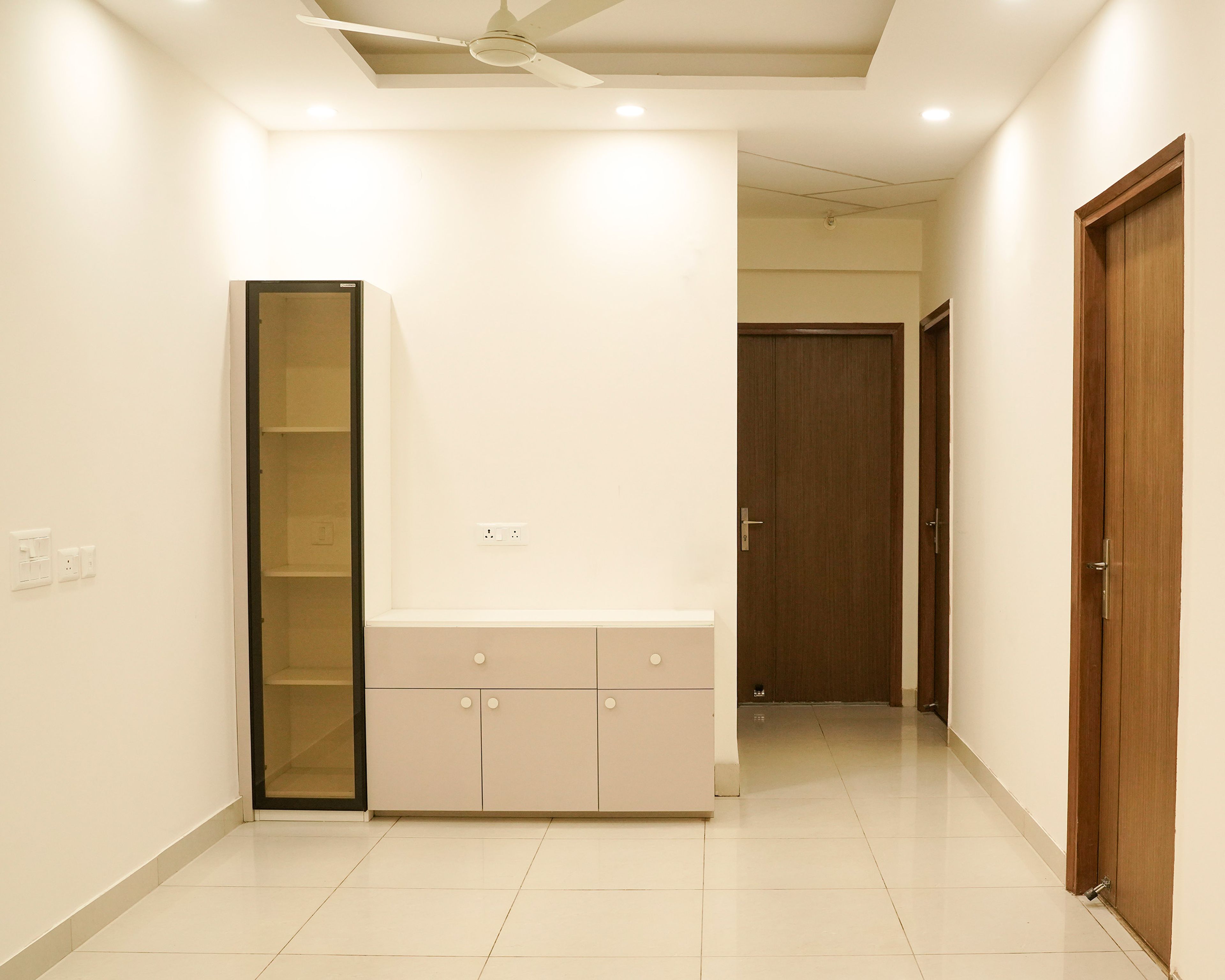Crockery Design with Beige Storage Unit And Glass Shutter Tall Unit