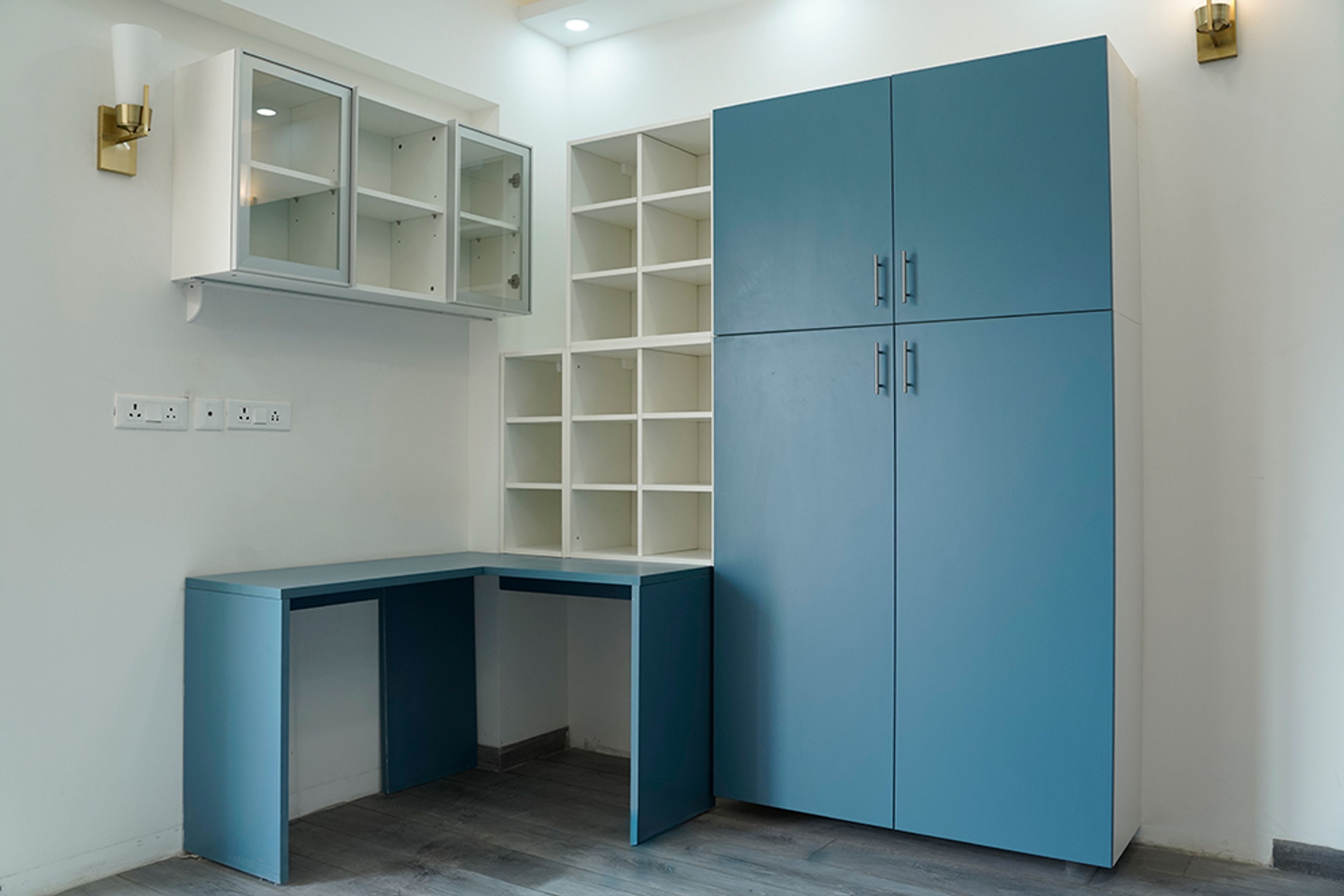 Contemporary Swing Wardrobe Design with Blue Desk in Noida 3BHK Apartment