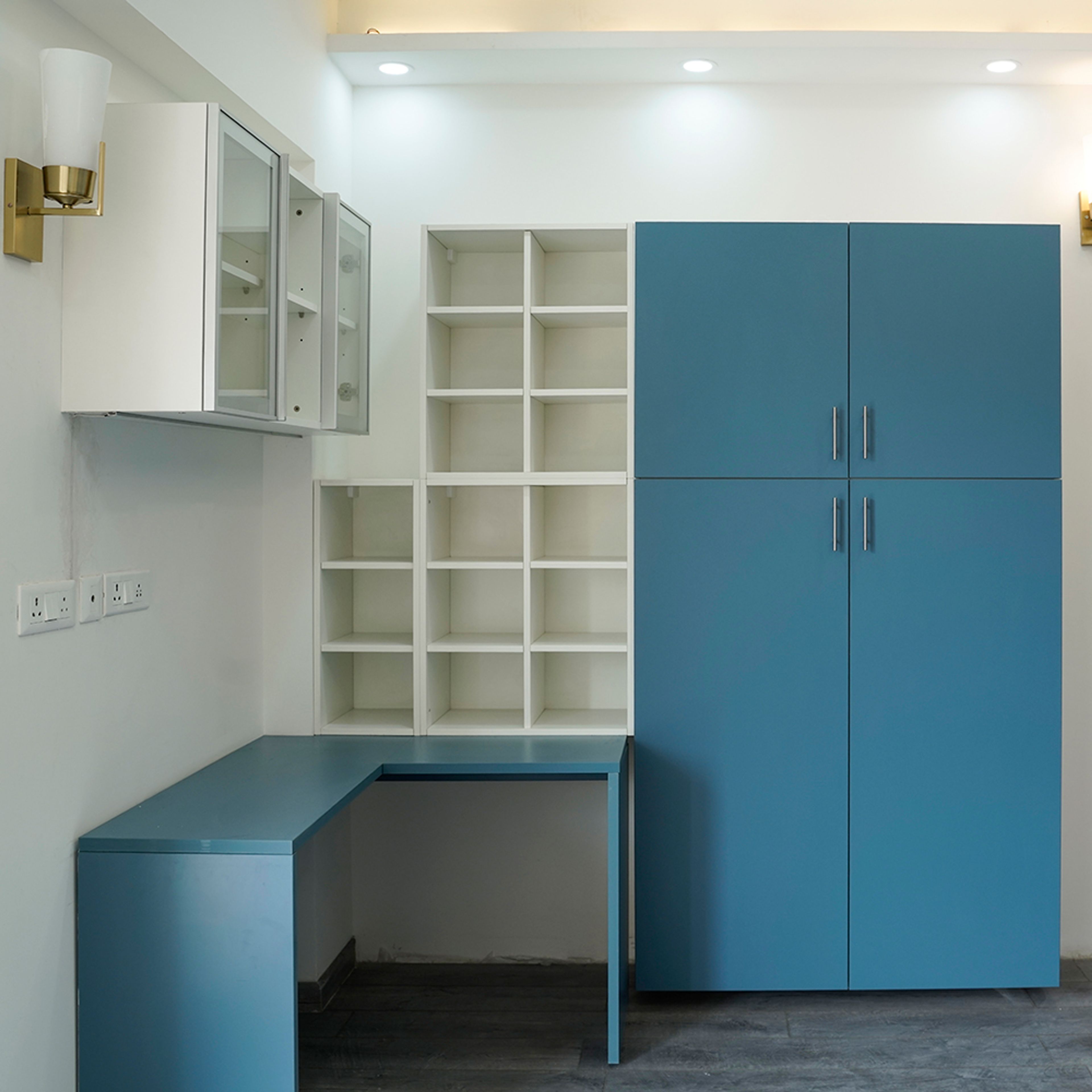 Contemporary Swing Wardrobe Design with Blue Desk in Noida 3BHK Apartment