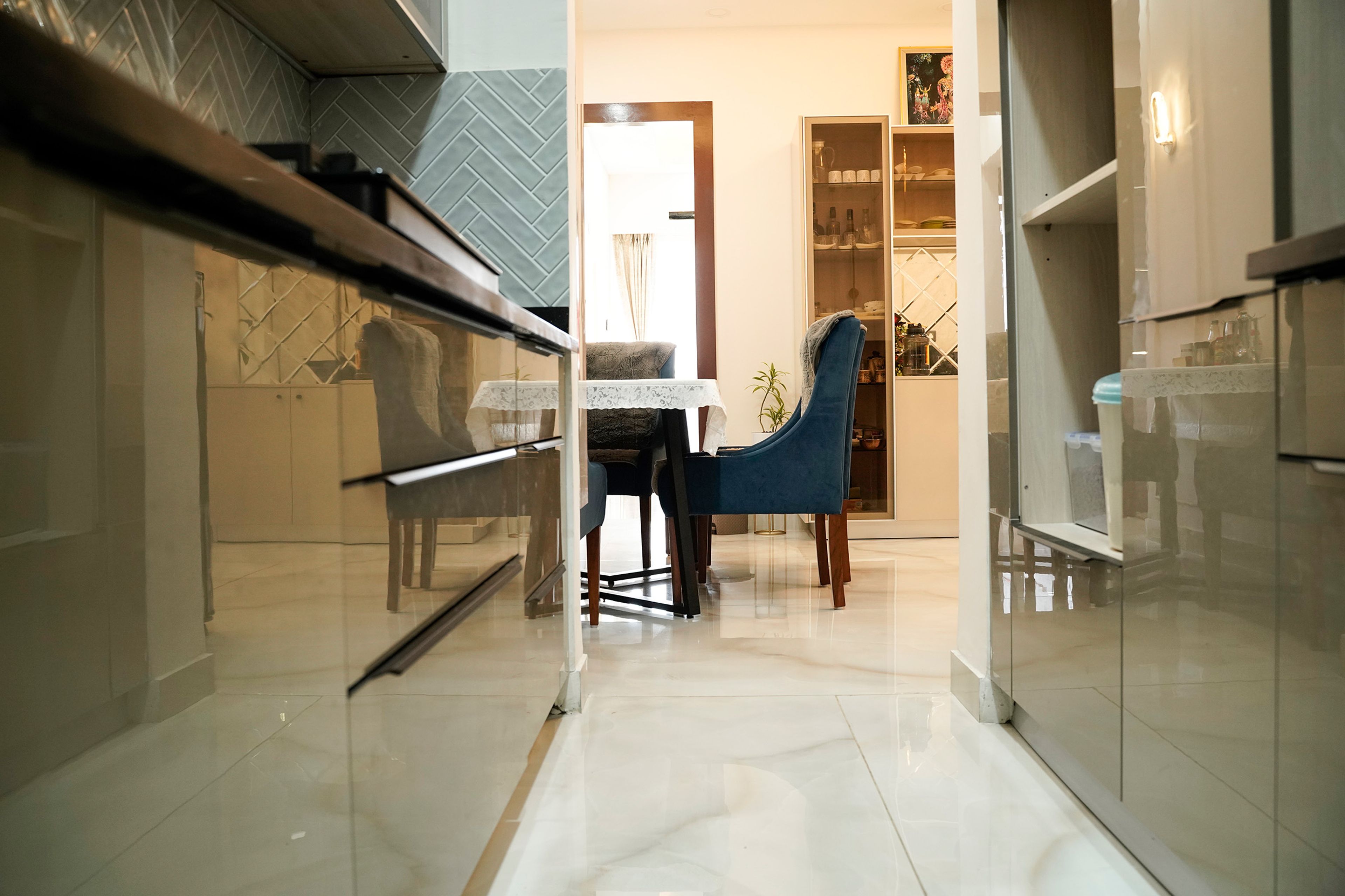 Parallel Kitchen Design with Beige Glossy Base Cabinets