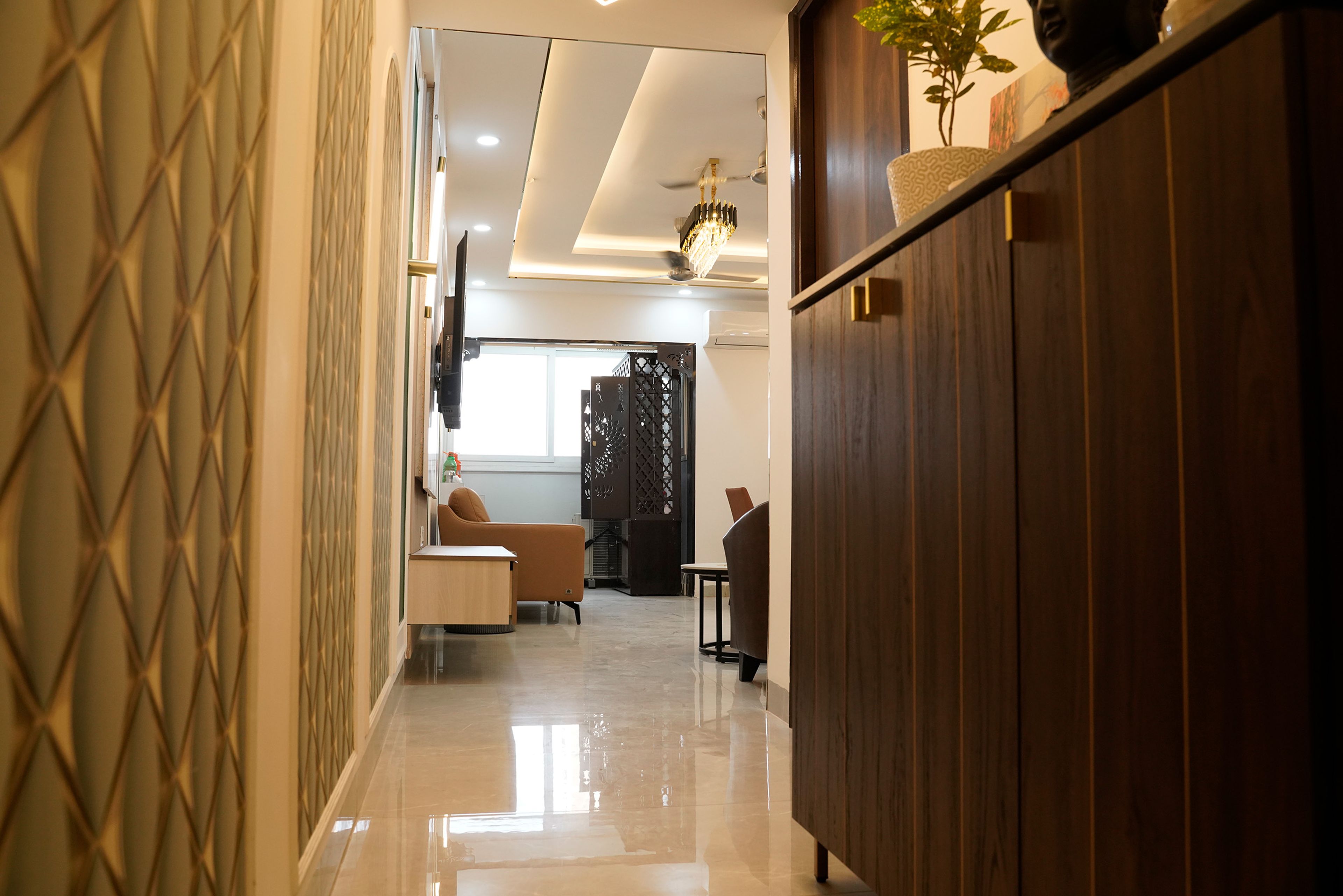 Foyer design with wooden storage unit