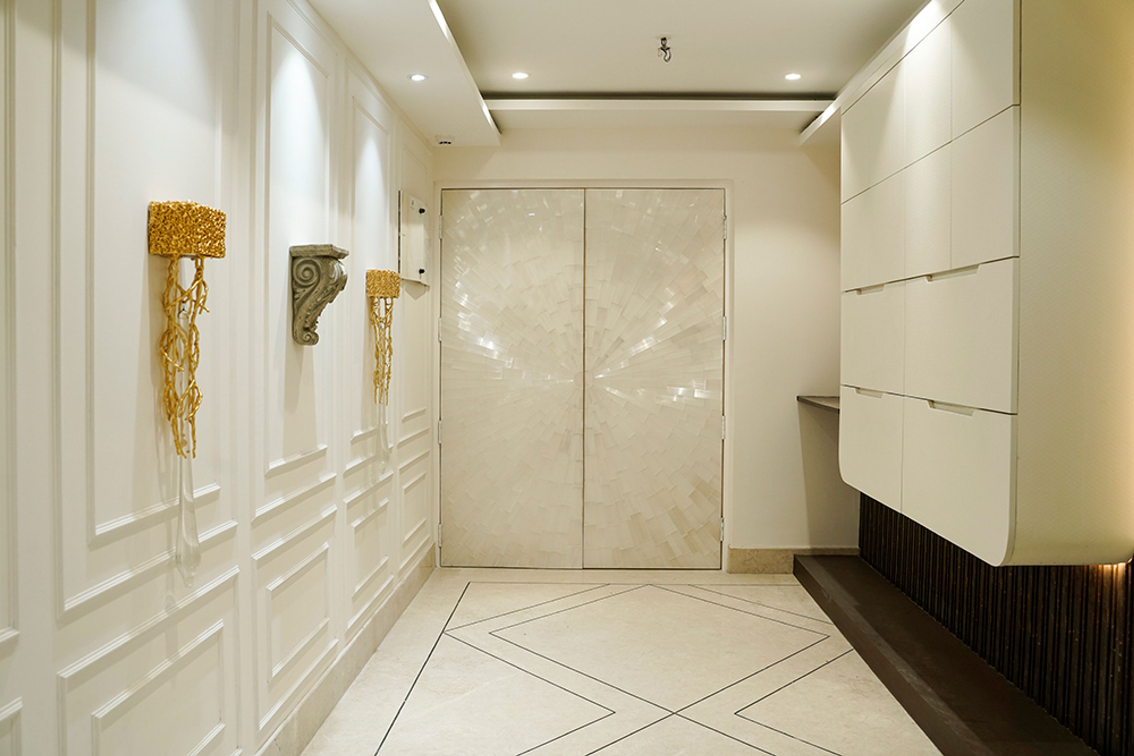 Living Room Design with Rectangular Trims and 2-Door Off-White Crystal Texture Shutter Wardrobe