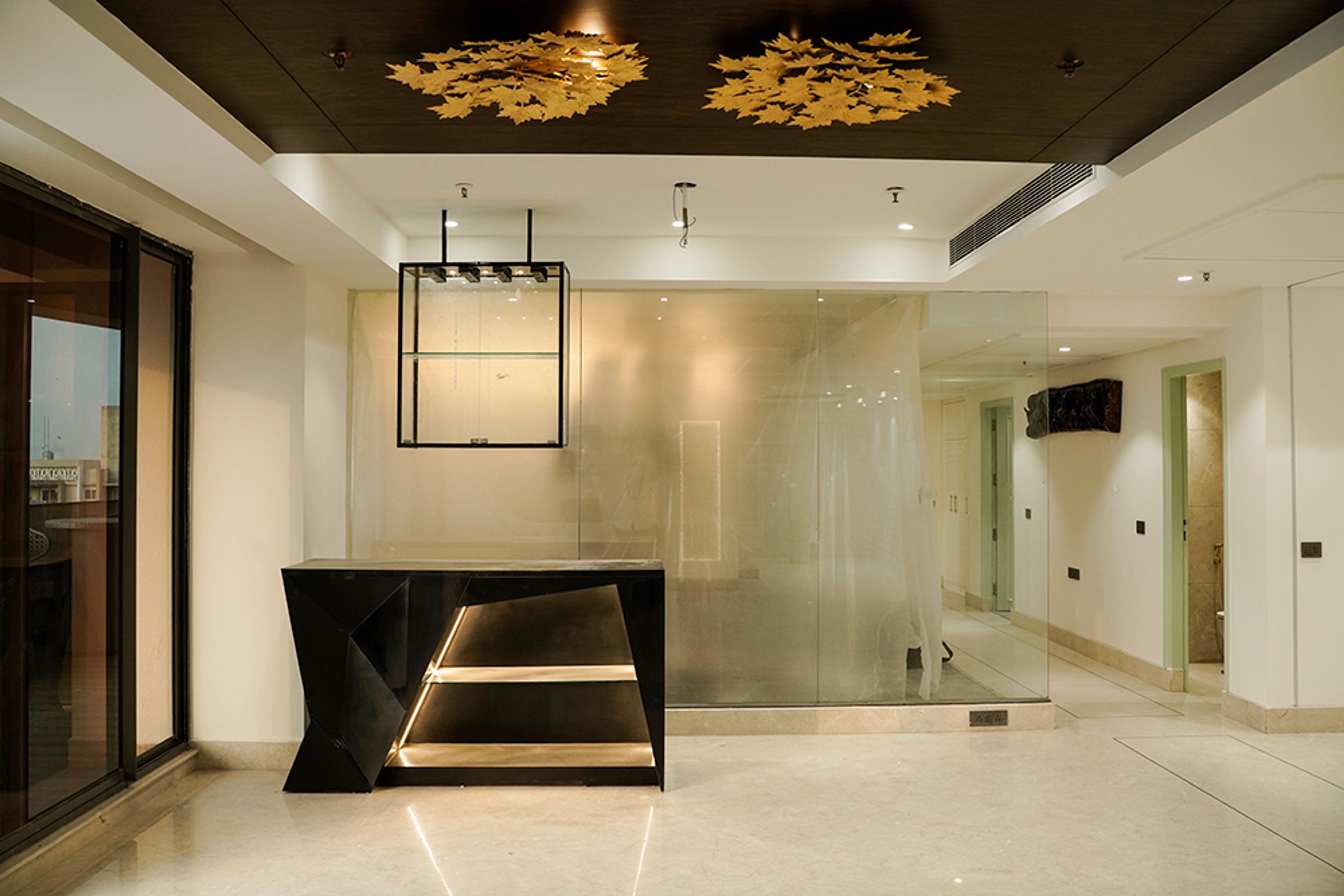 Living Room Design with Home Bar with Hanging Wine Rack