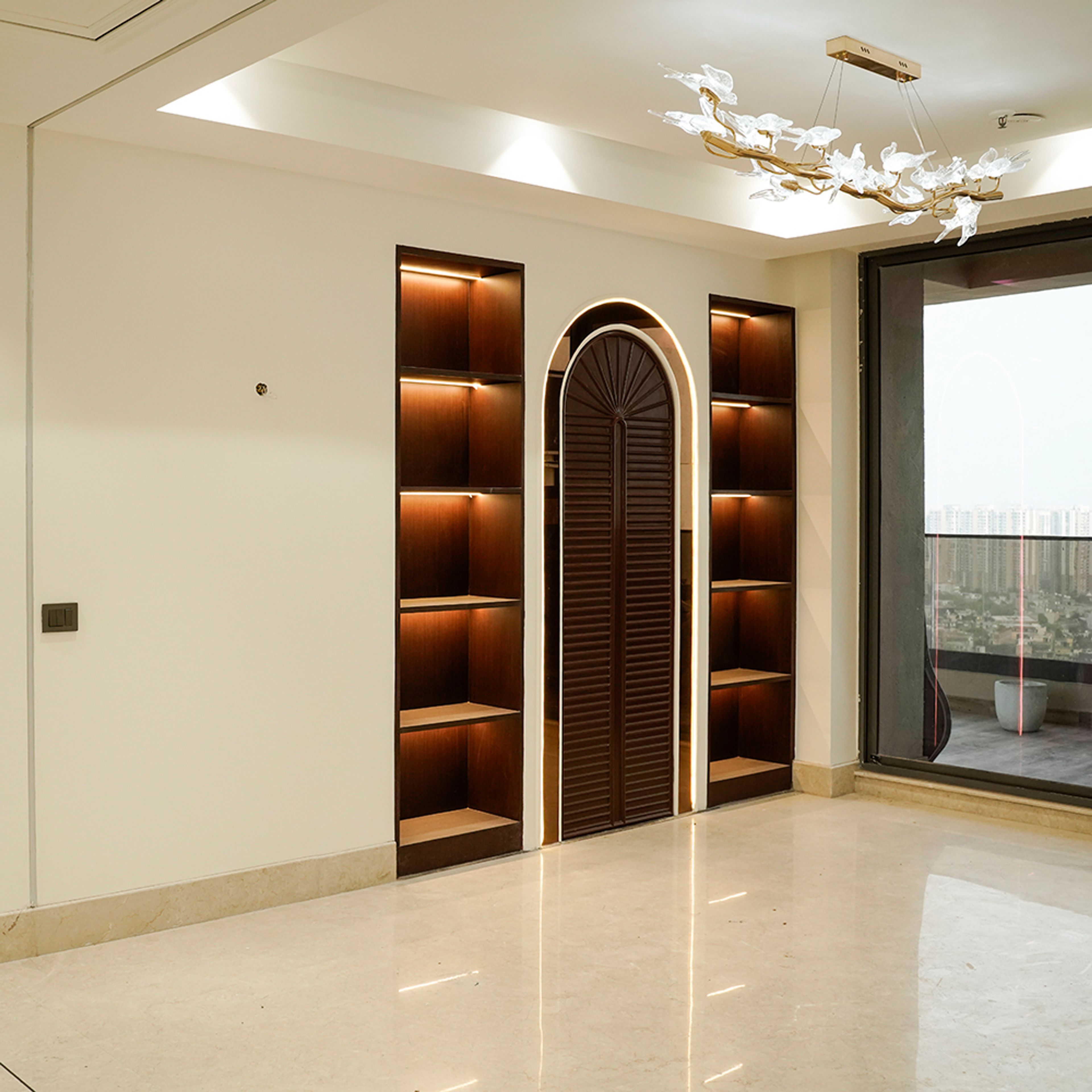 Living Room Design with Crockery Unit with Strip Lights Underlighting