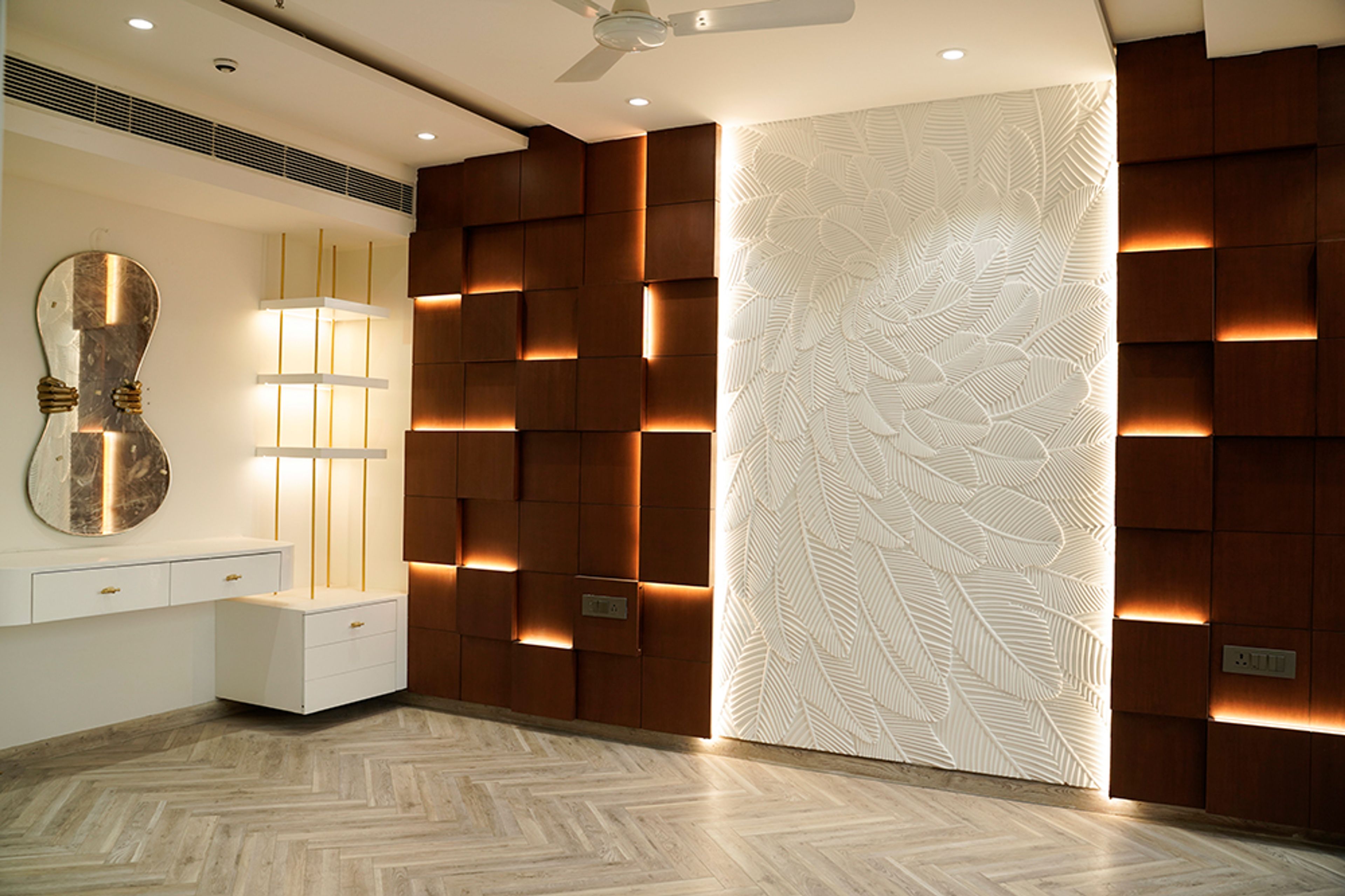 Living Room Design with White Feature Wall With Leaf Pattern and Wooden Grid Panels