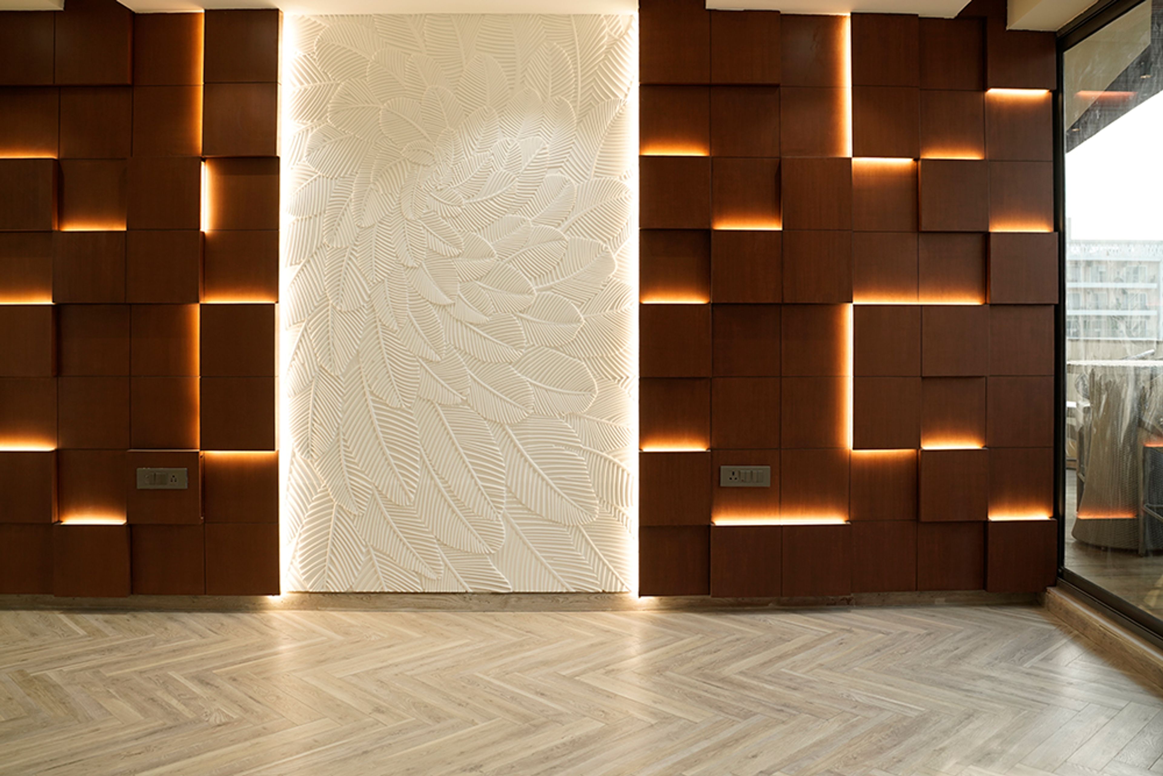 Living Room Design with White Feature Wall With Leaf Pattern and Wooden Grid Panels