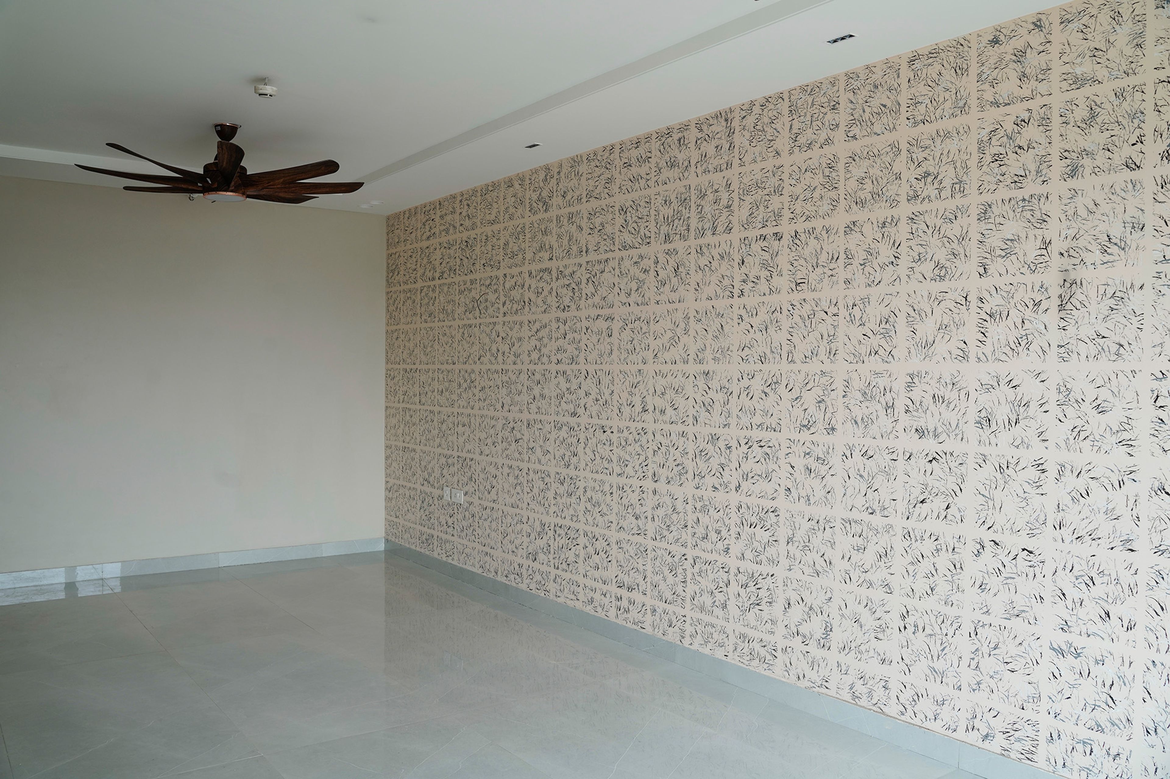 Living Room Design with Beige Grass Printed Patterned Wallpaper