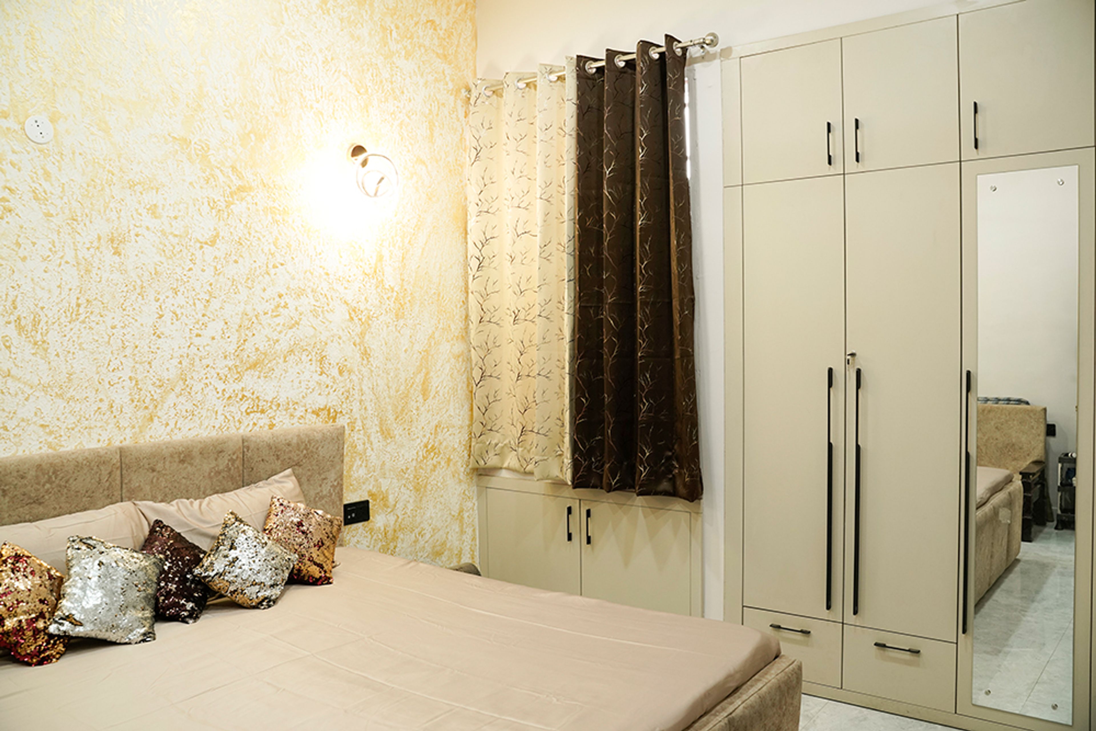 Master Bedroom Design with Beige Wardrobe with Integrated Mirror