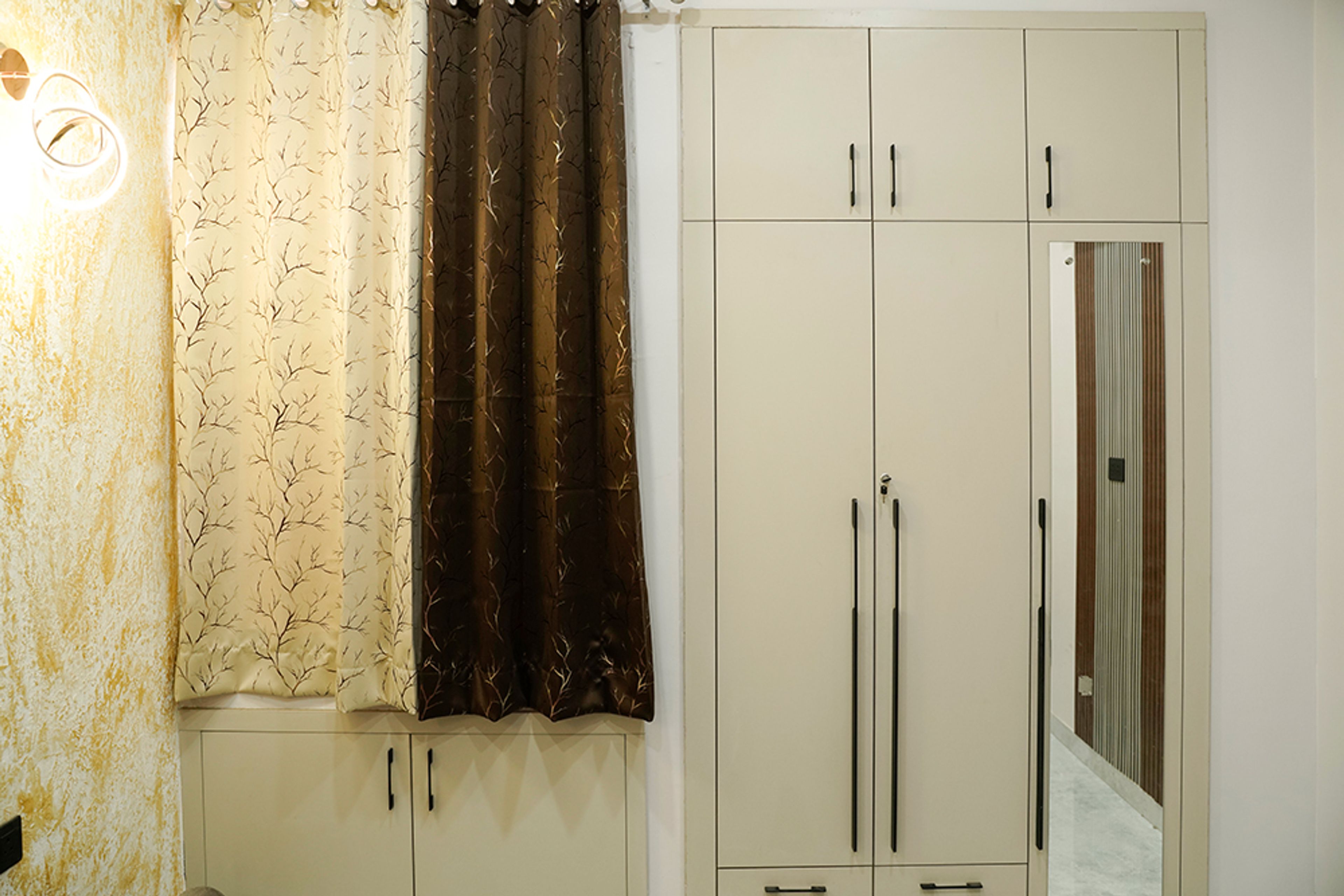 Master Bedroom Design with Beige Wardrobe with Integrated Mirror