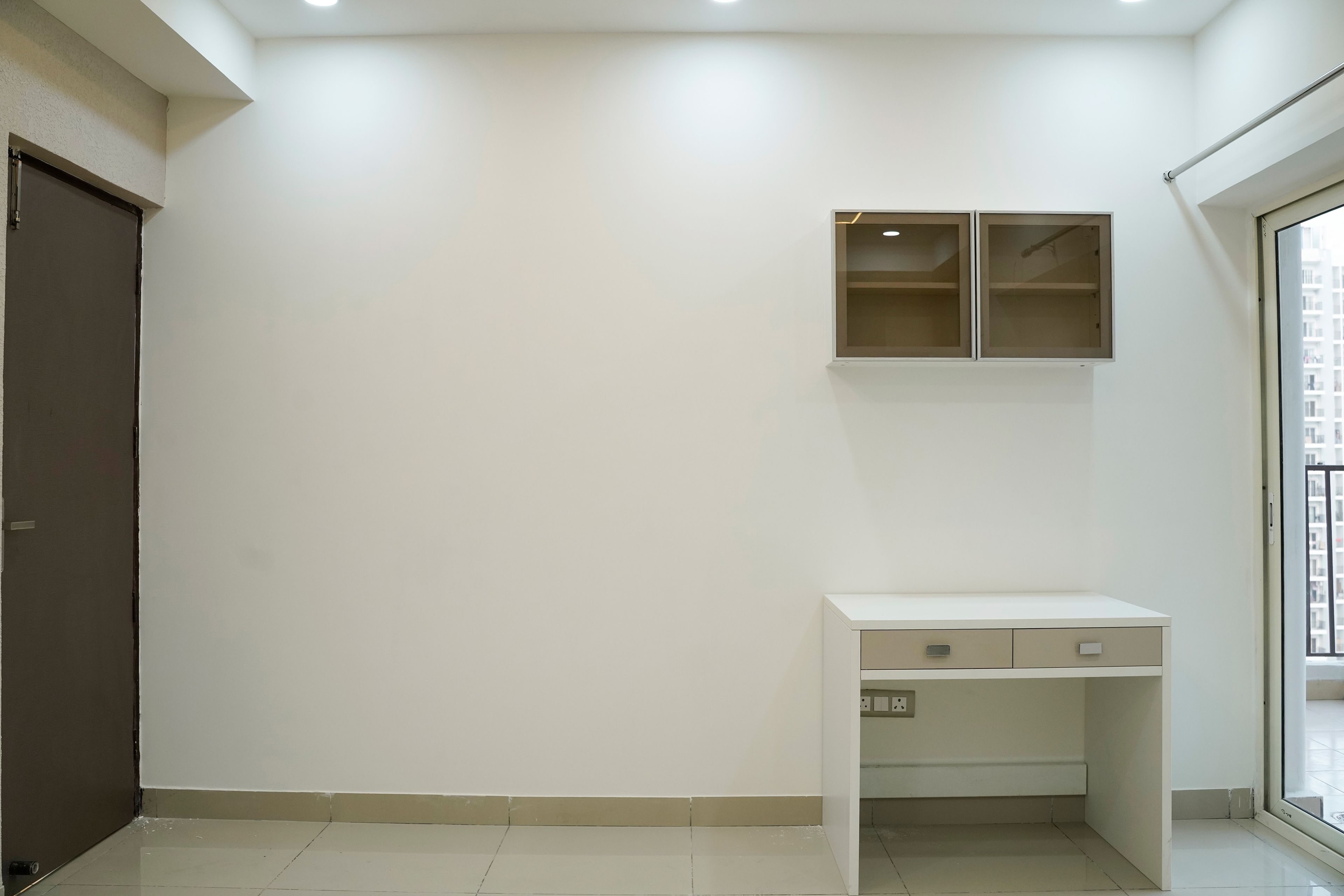 Bedroom Design with White Walls and White Study Desk