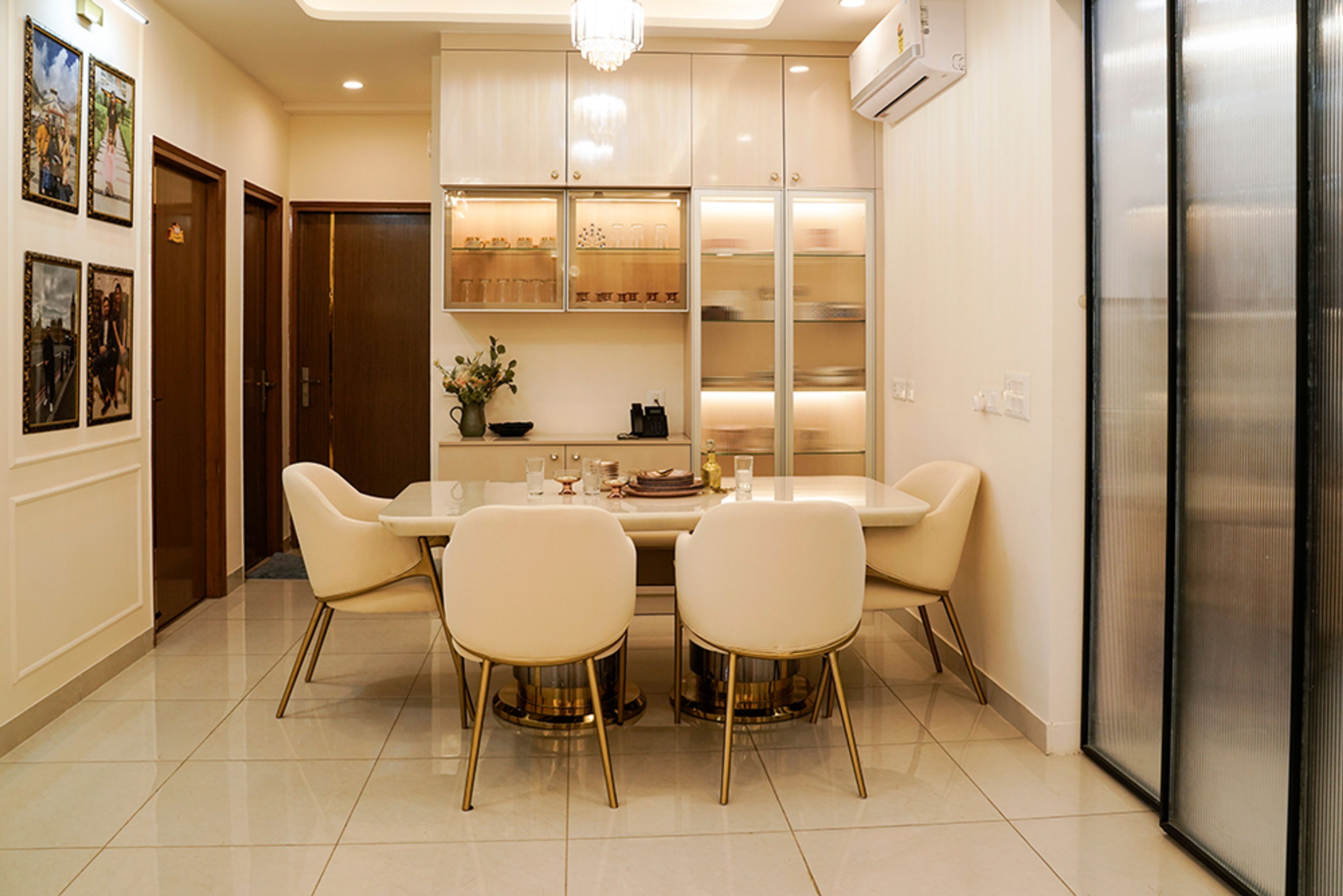 Modern Dining Room Design with Crockery in Noida 4BHK Apartment