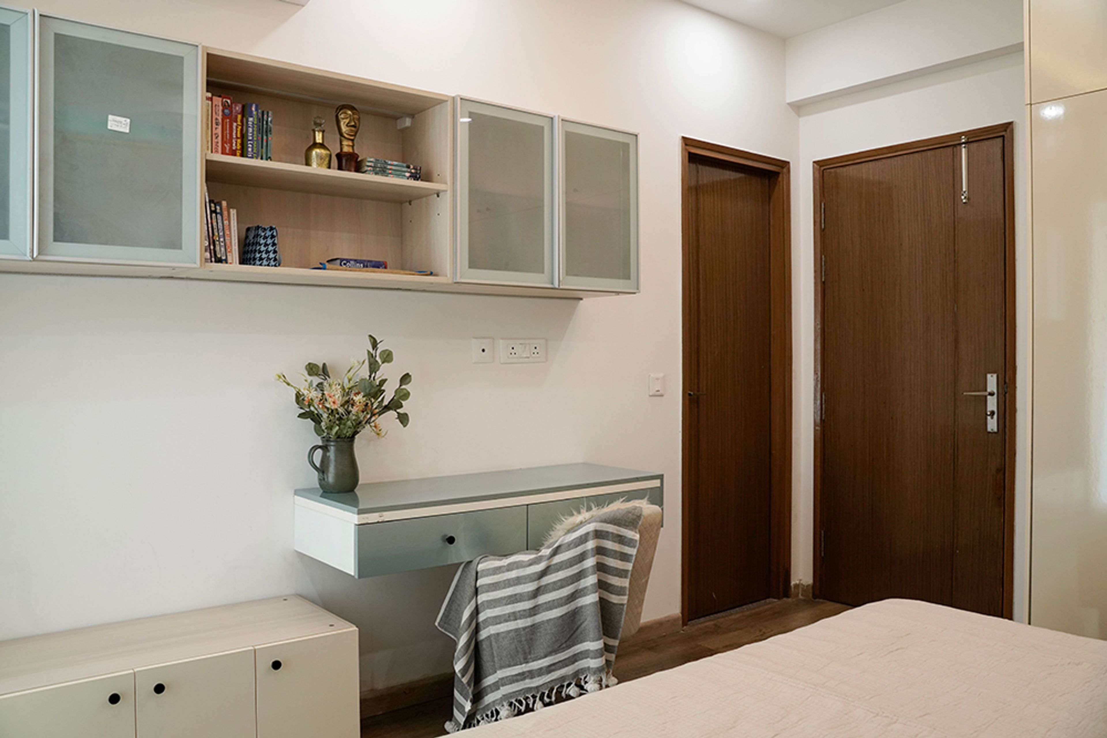 Modern Home Office Design with Grey Cabinets in Noida 4BHK Apartment