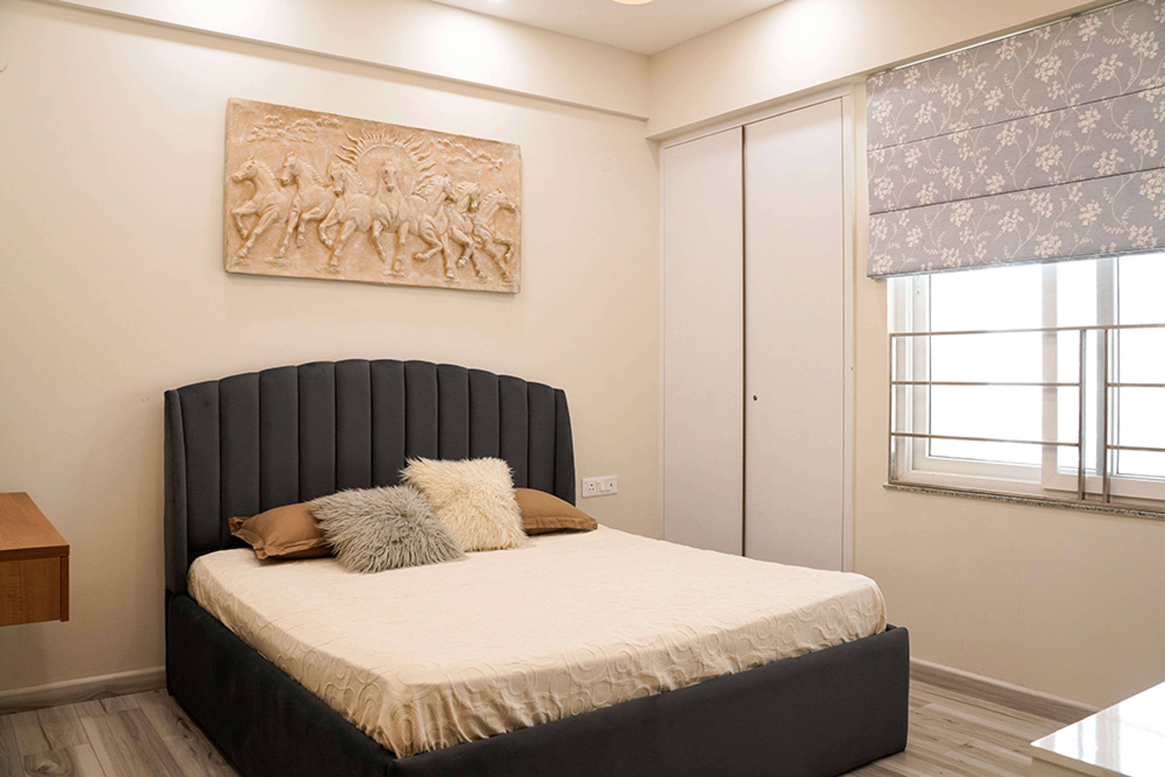 Modern Bedroom Design with Tufted Headboard Bed in Noida 4BHK Apartment
