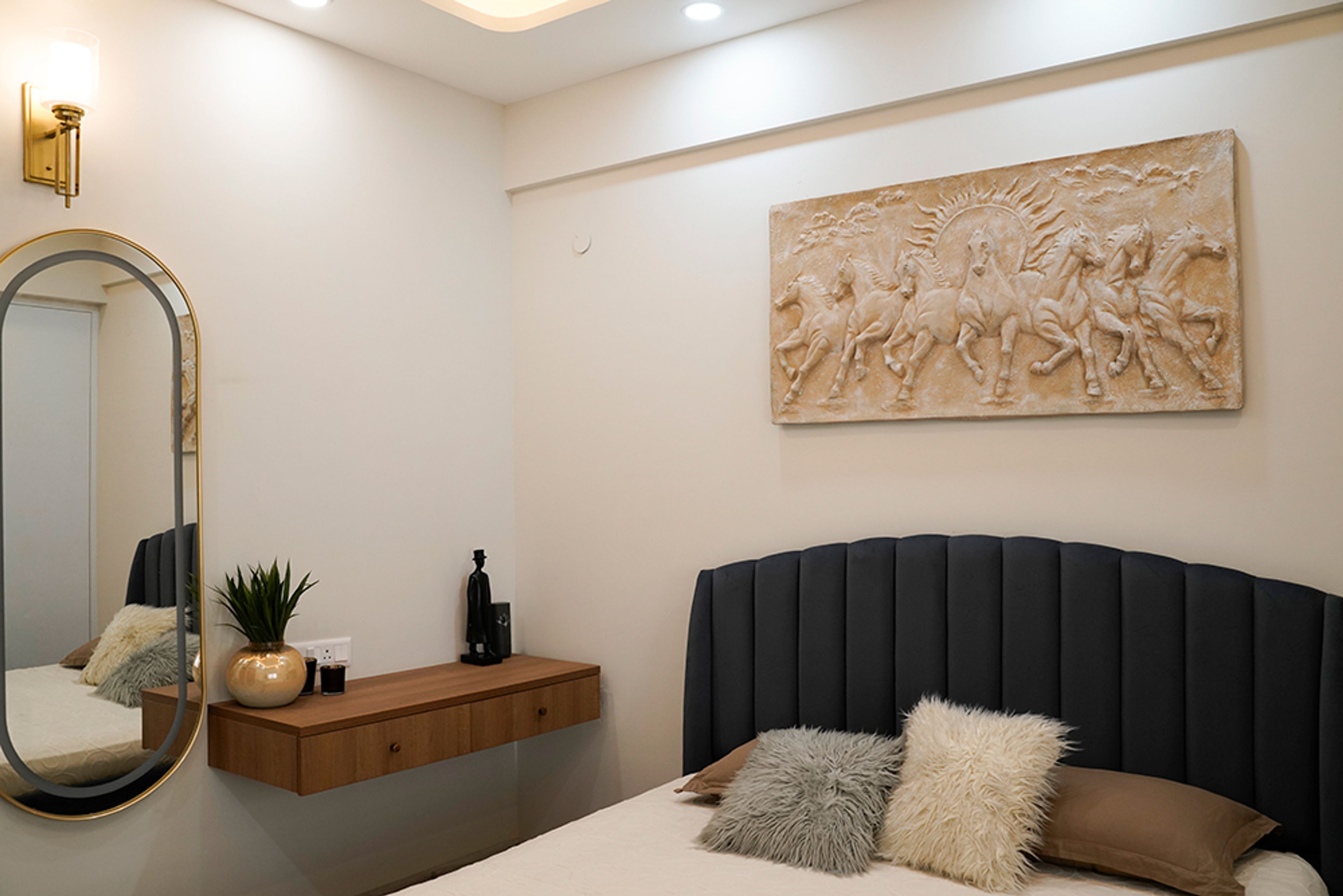 Modern Bedroom Design with Wooden Dresser in Noida 4BHK Apartment