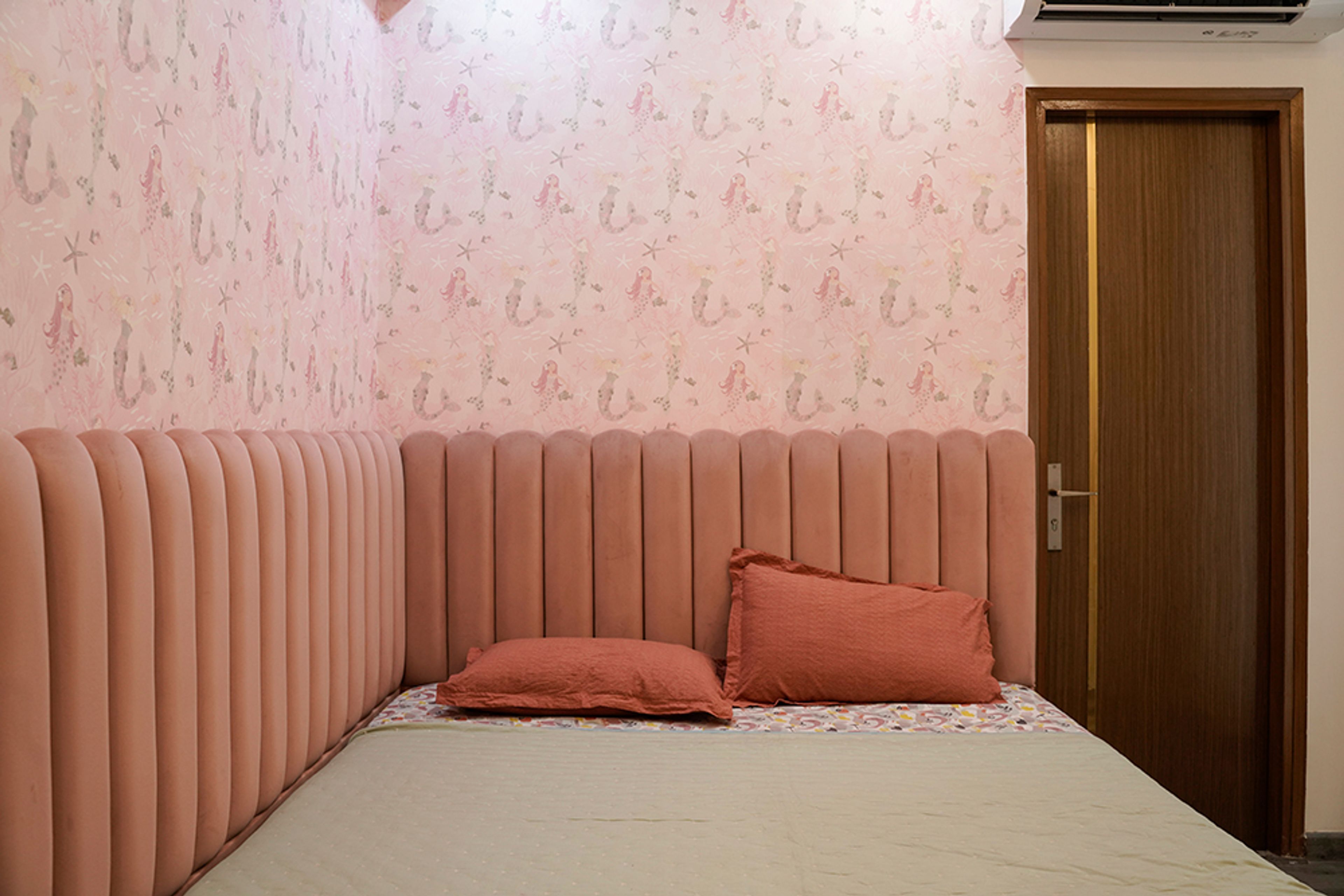 Modern Kids Bedroom Design with Pink Wall in Noida 4BHK Apartment