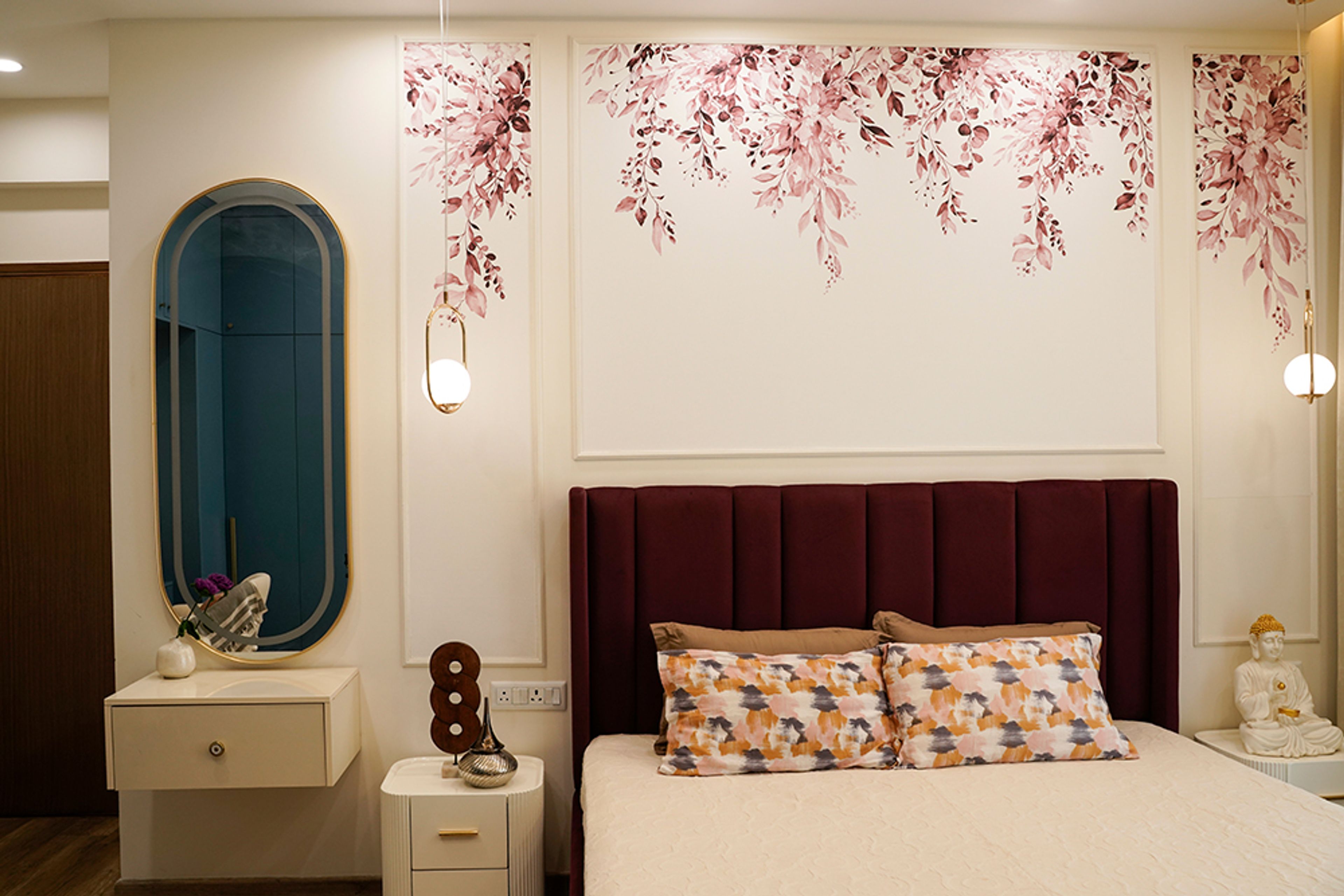 Modern Bedroom Design with Floral Wall in Noida 4BHK Apartment