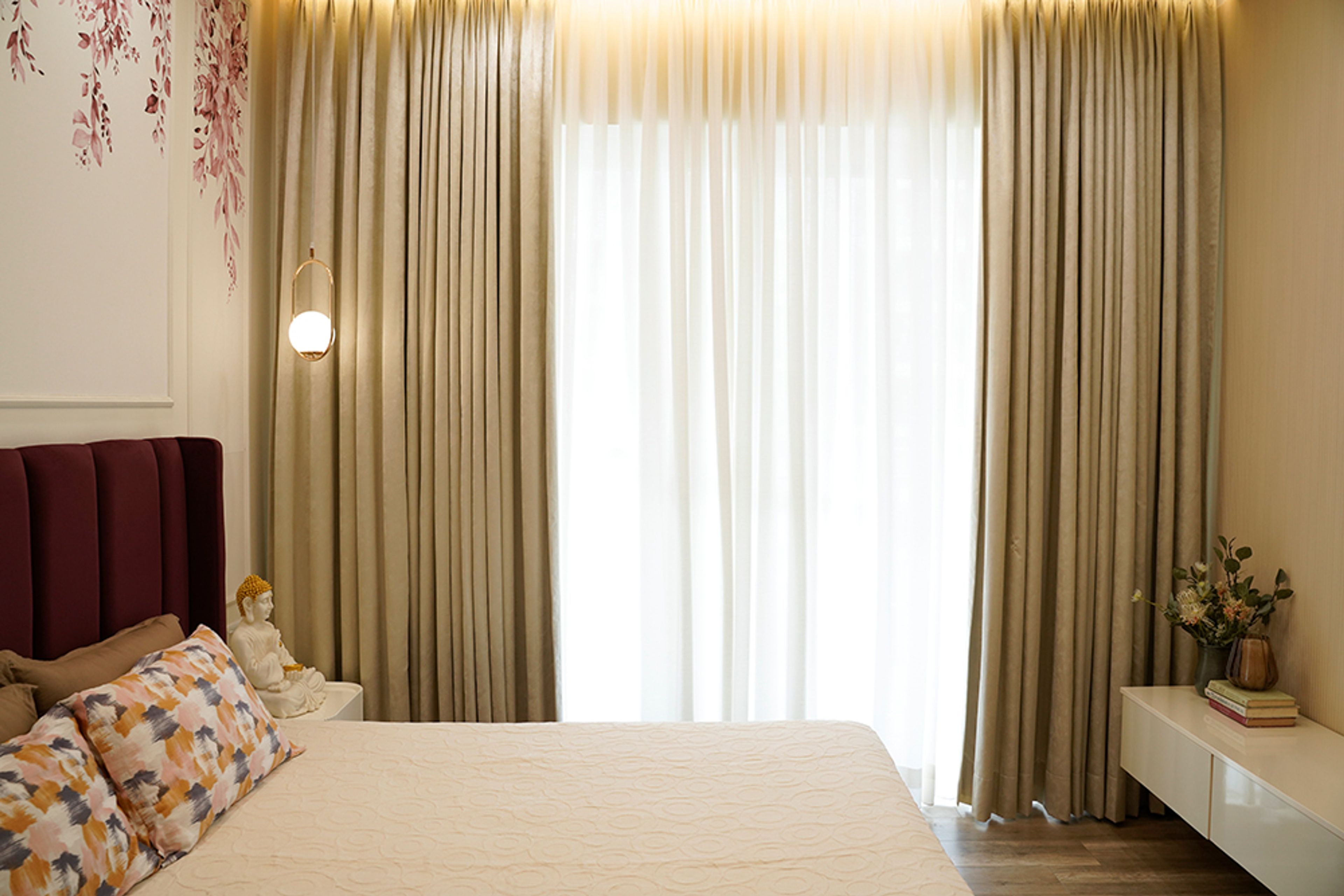 Modern Bedroom Design with Beige Curtains in Noida 4BHK Apartment