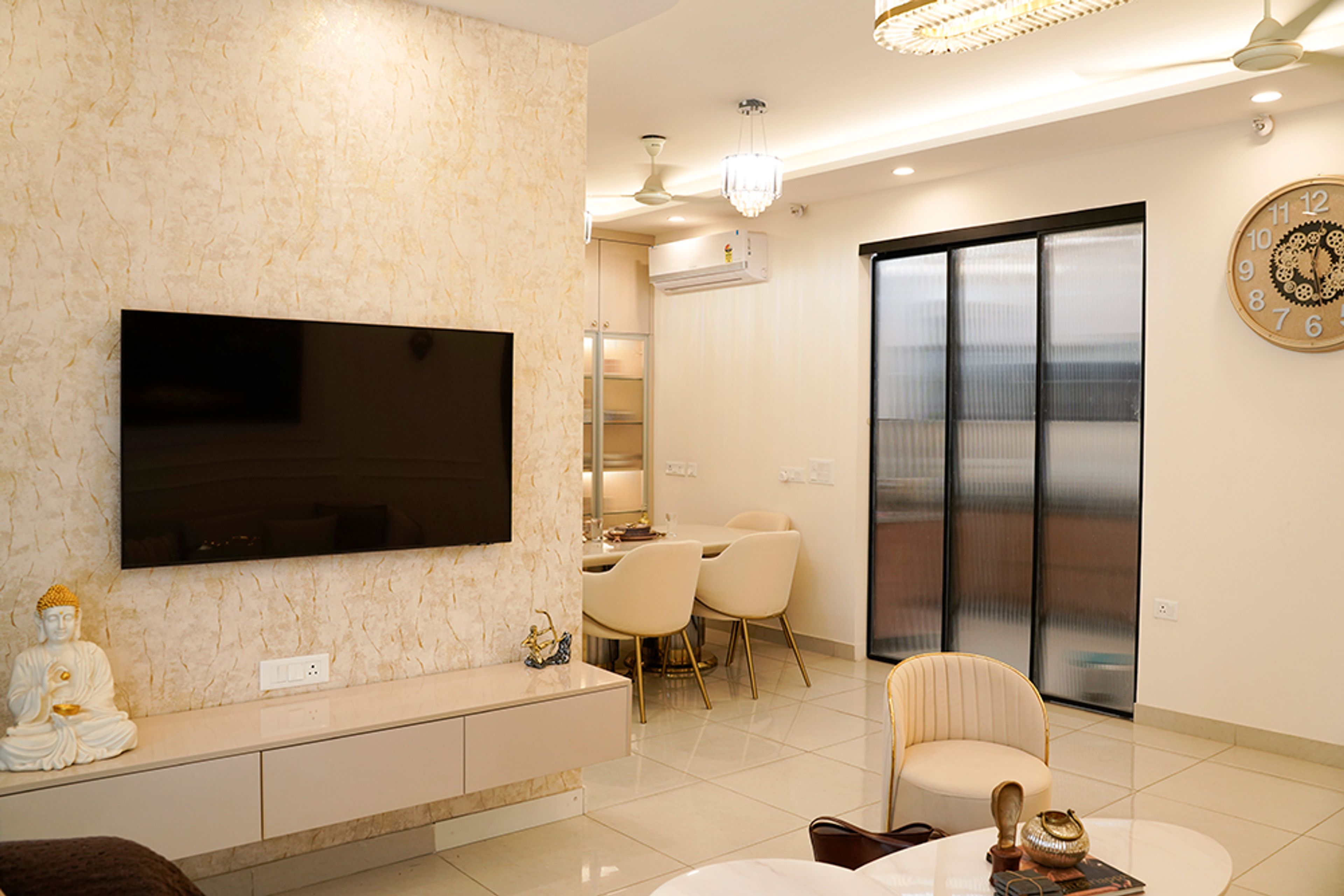 Modern Living Design with TV Unit in Noida 4BHK Apartment