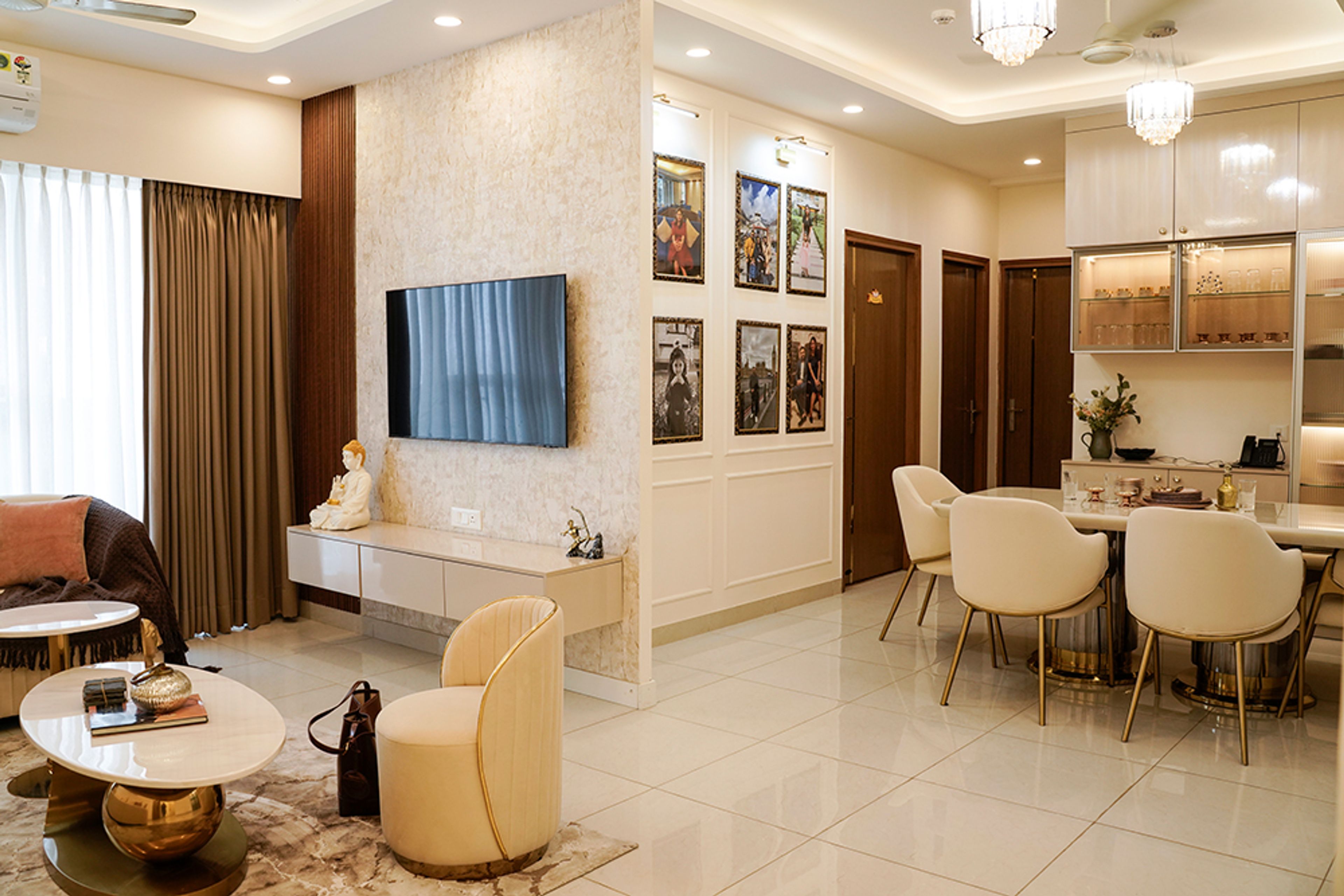 Modern Living Design with Dining Table in Noida 4BHK Apartment