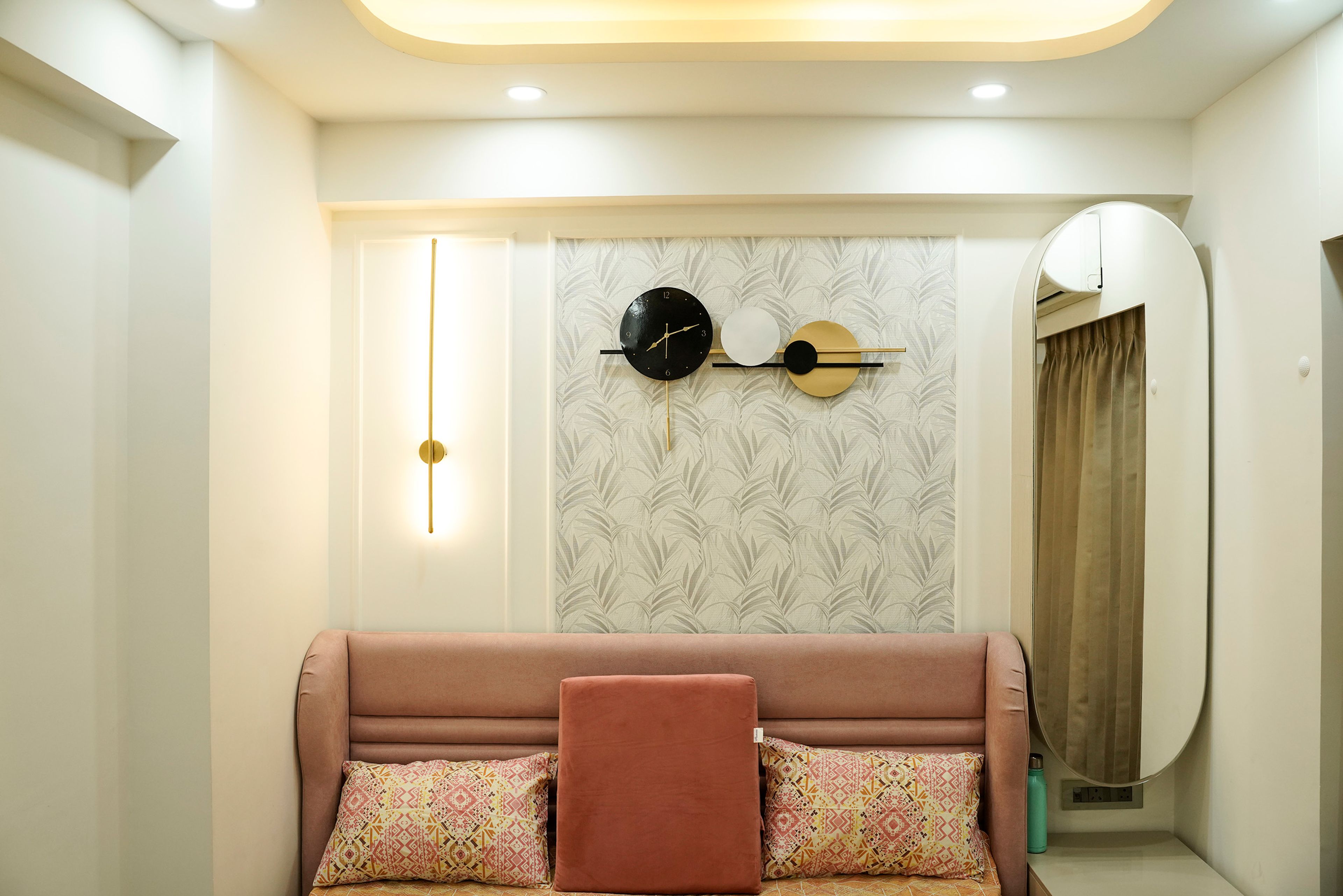 Bedroom Design with White floral Wallpaper and Wall Mounted Mirror