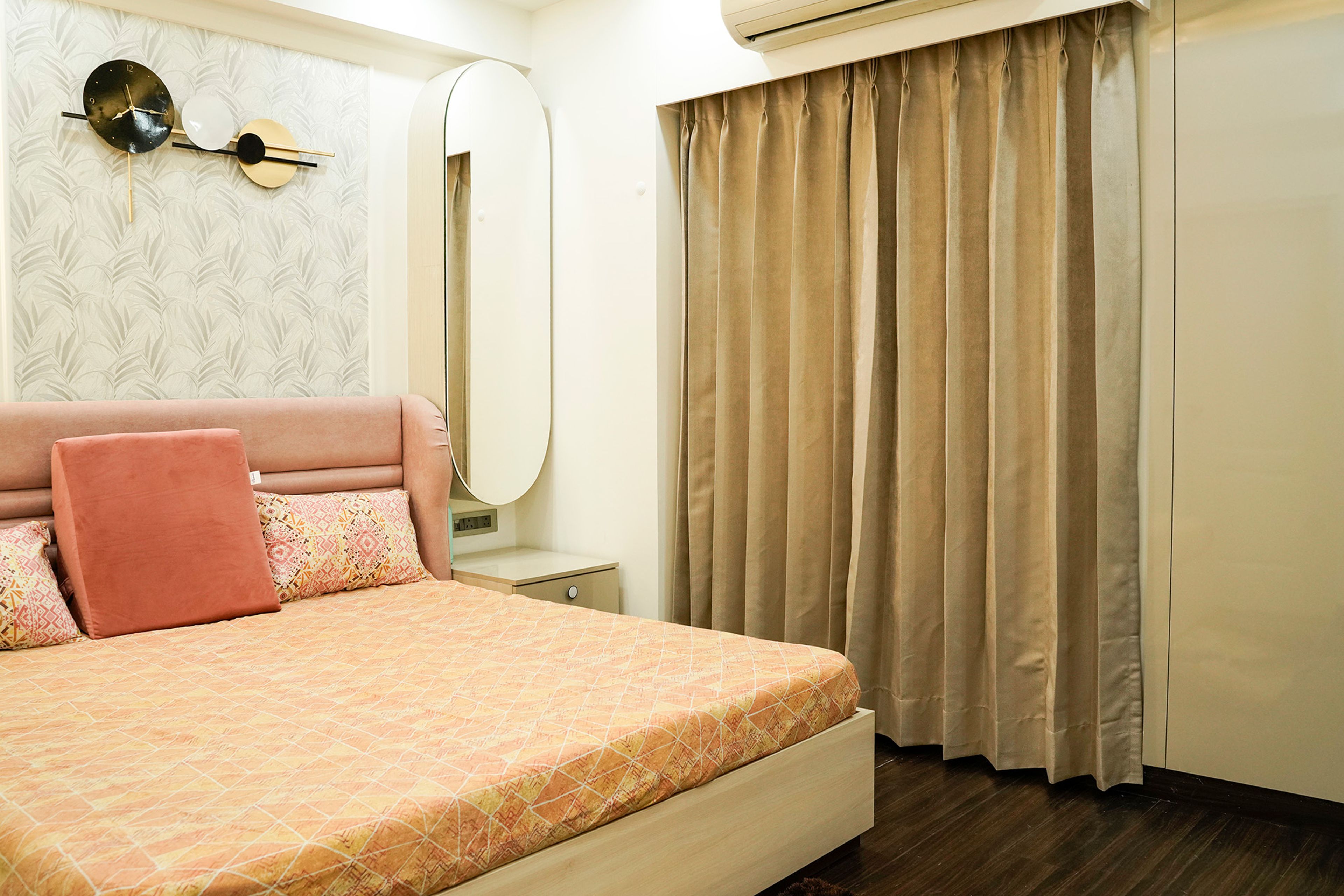 Bedroom Design with White floral Wallpaper and Wall Mounted Mirror