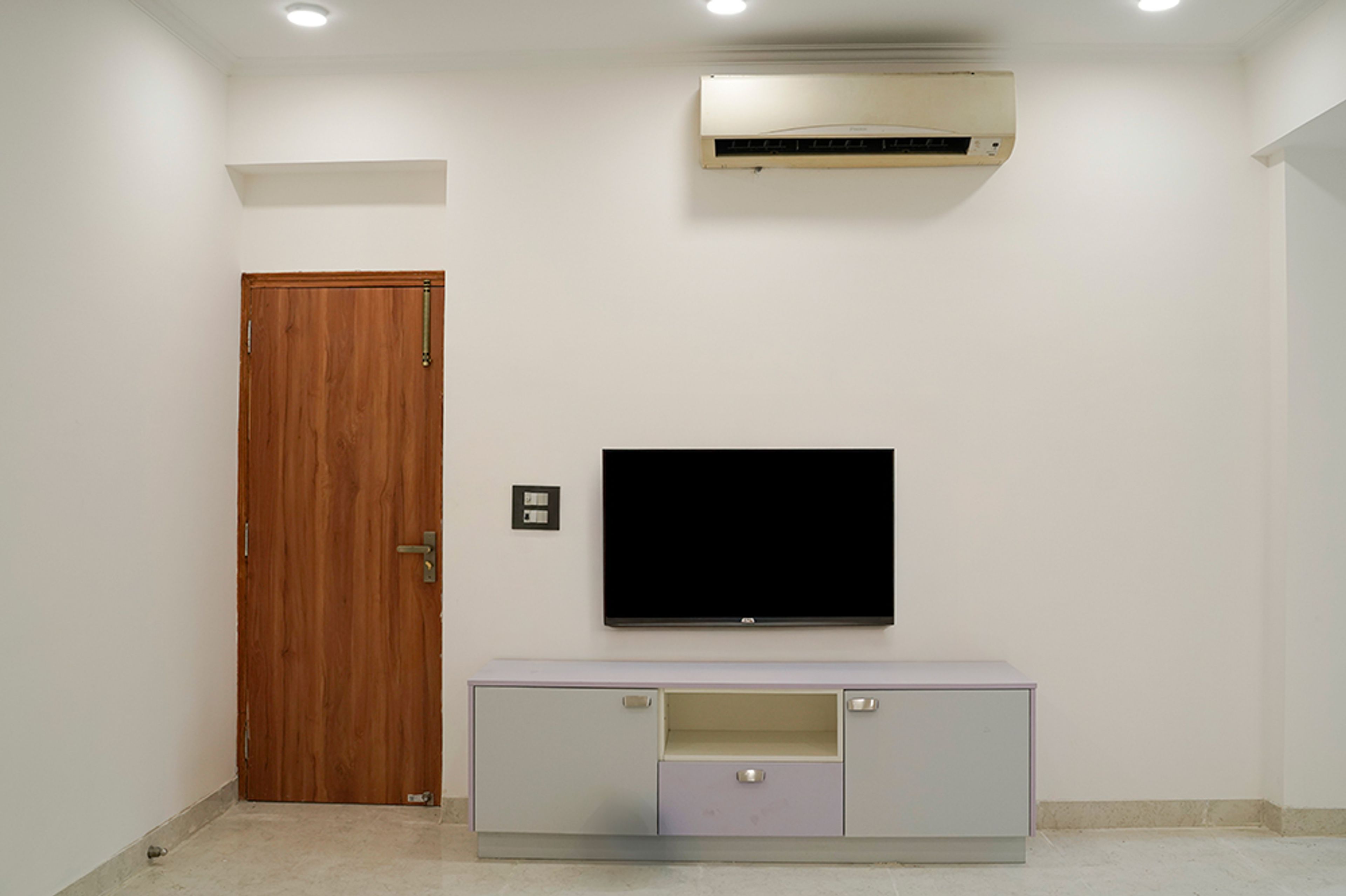 TV Unit Design with Grey and Purple Drawers