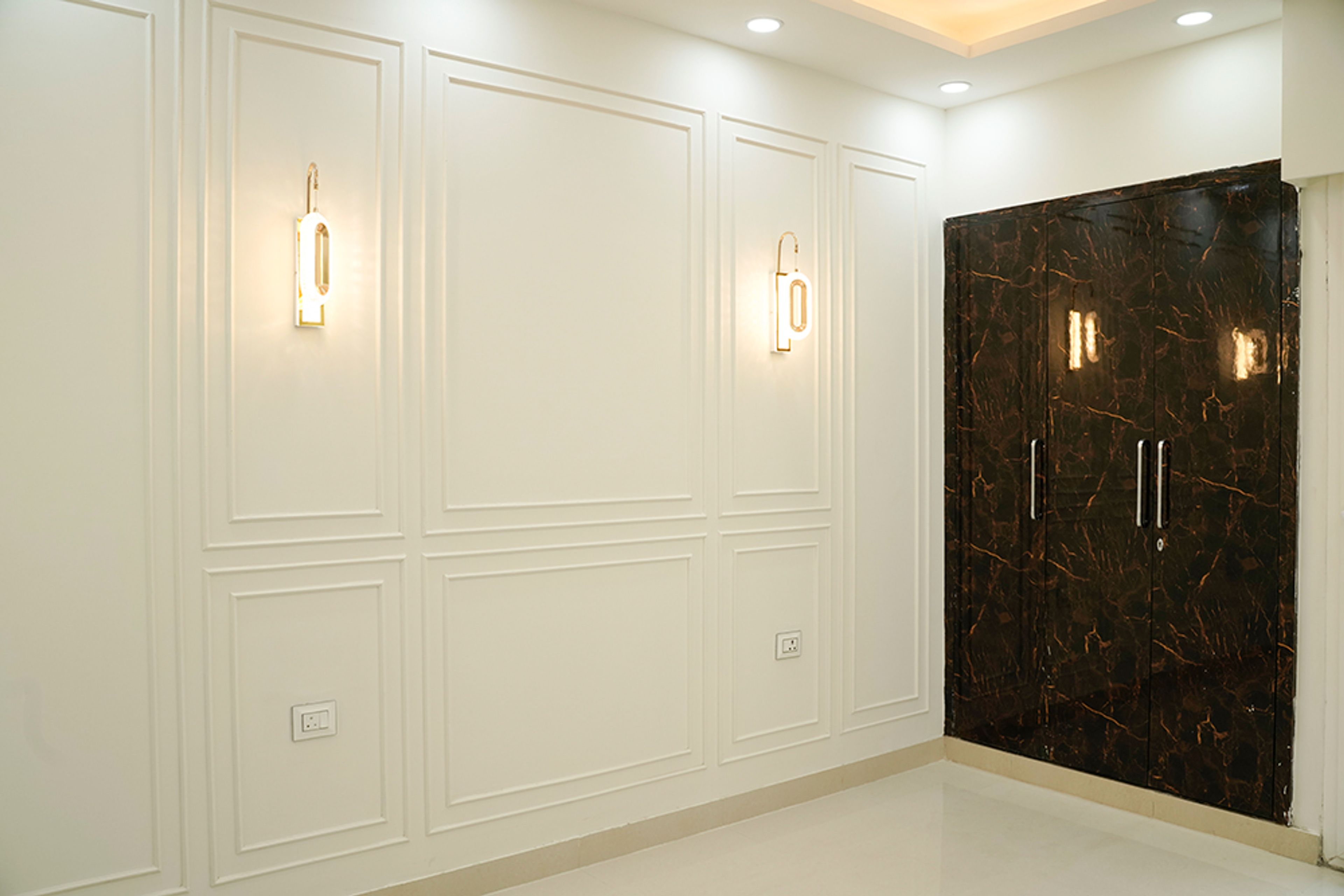 Bedroom Design with Cream Wall with Trims and Brown Textured 2-Door Swing Wardrobe