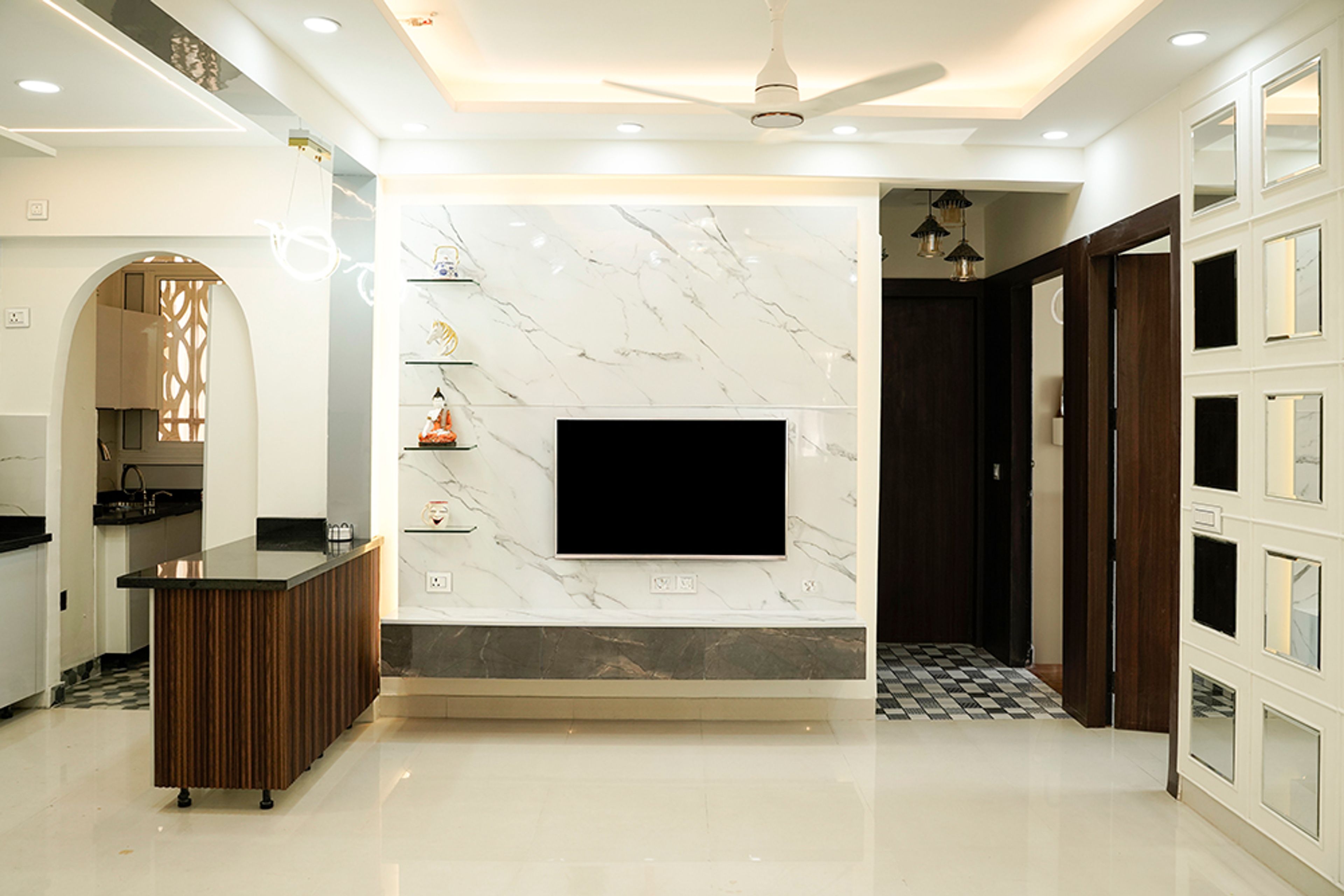Living Room Design with White Marble Backplash TV Unit and Kitchen Island