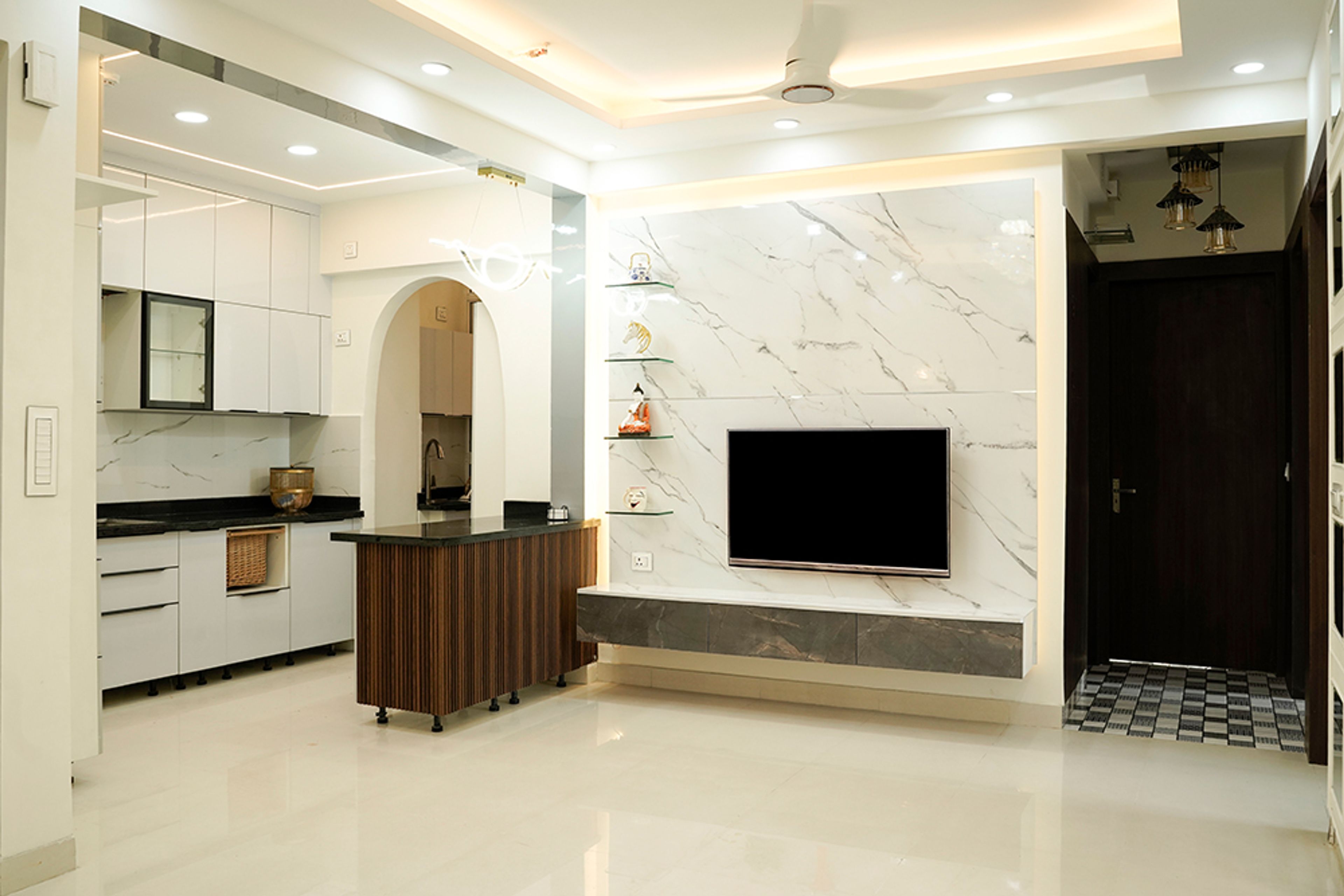 Living Room Design with White Marble Backplash TV Unit and Kitchen Island