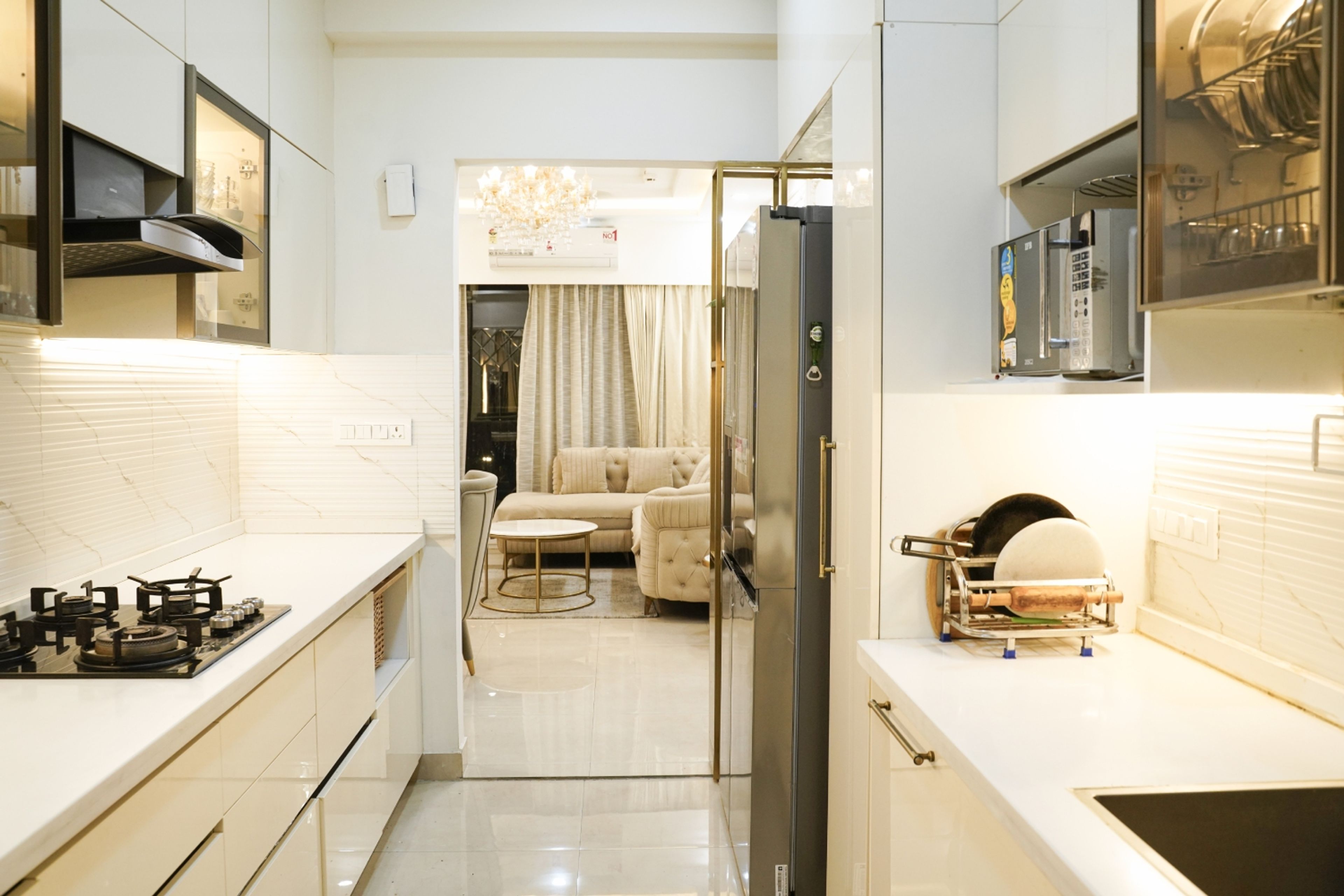 Minimal Parallel Kitchen Design with Champagne Colour and Gloss Finish