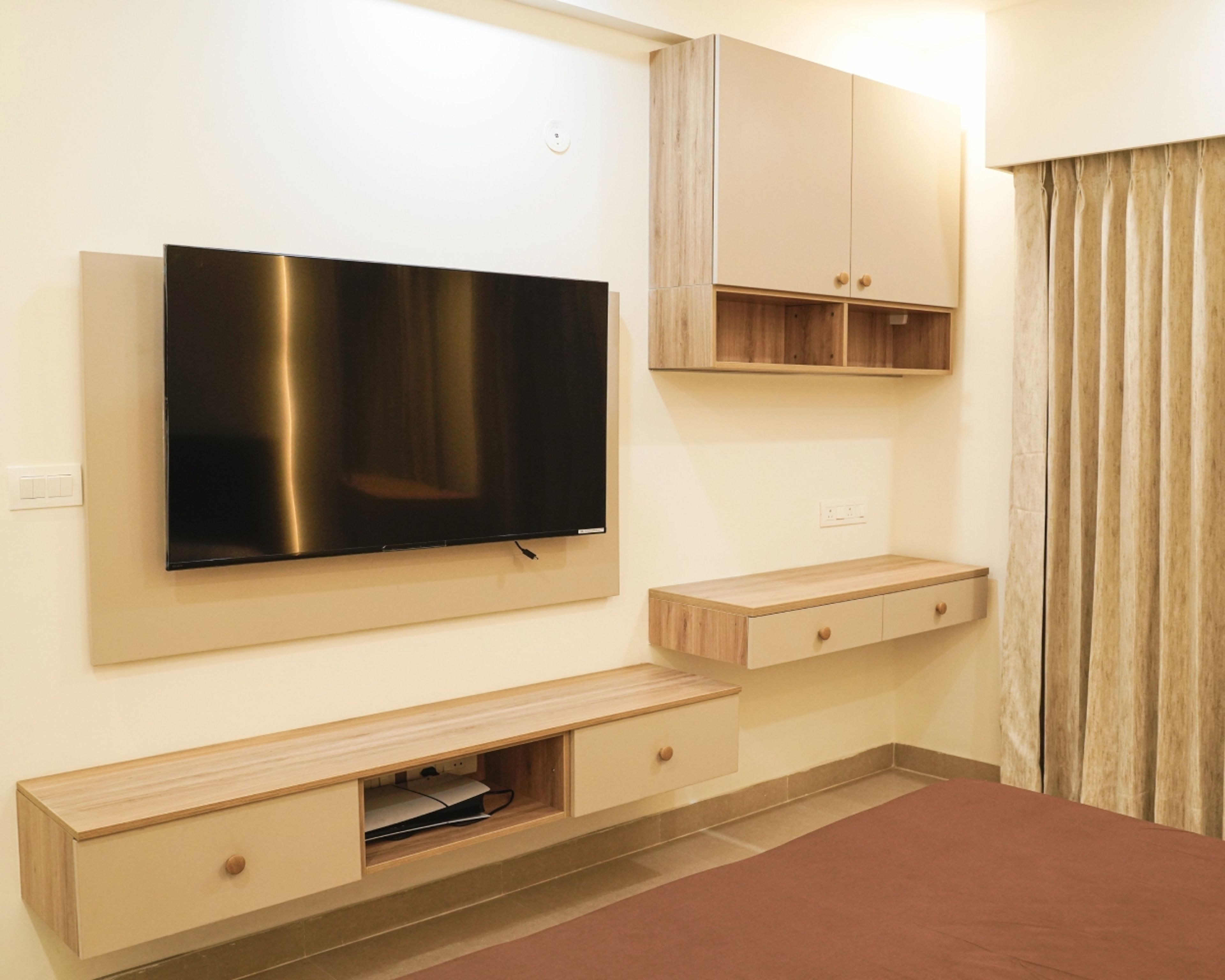 TV Unit Design with Beige Floating Drawers and Wooden Shelves