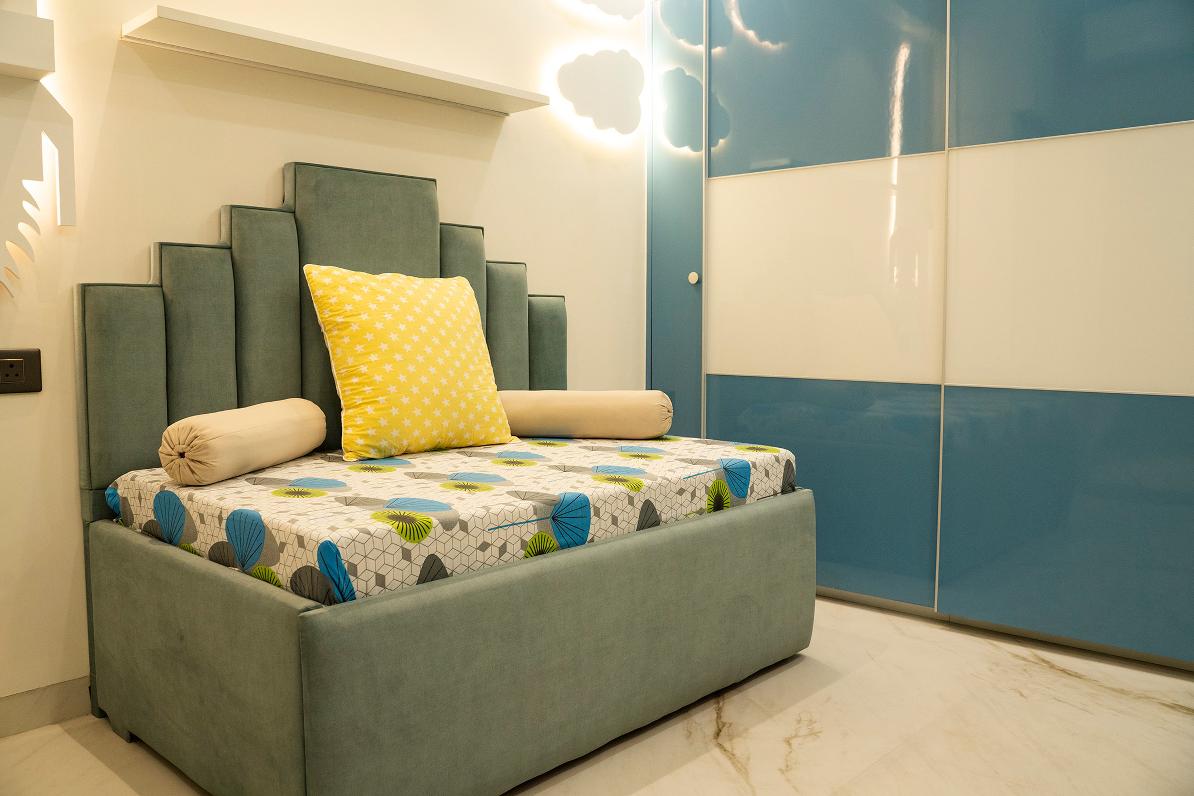 Kids bedroom design with storage bed and wardrobe