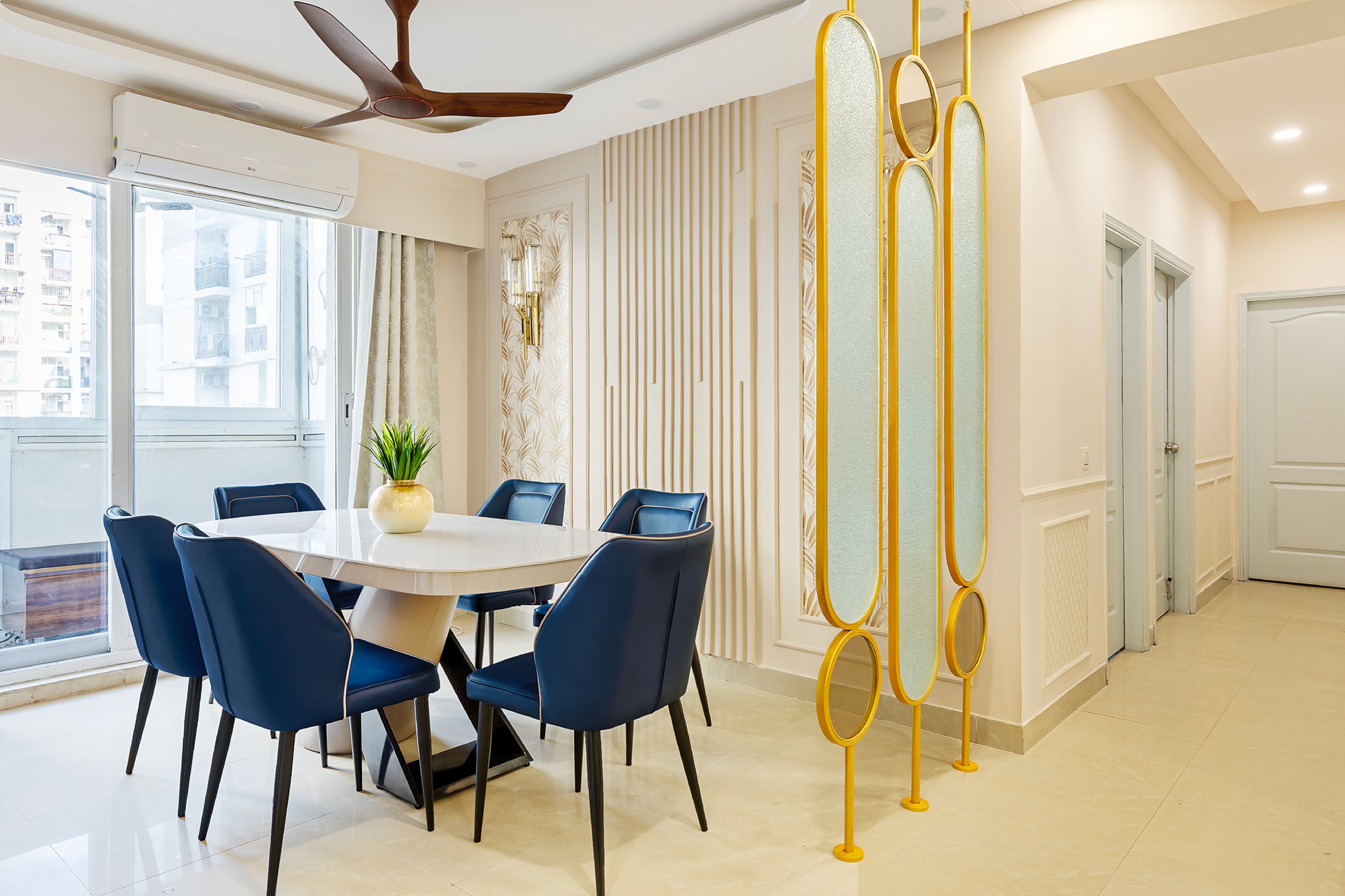 Living Room Design with 6 Blue Leather Chairs and White Marble Top Table