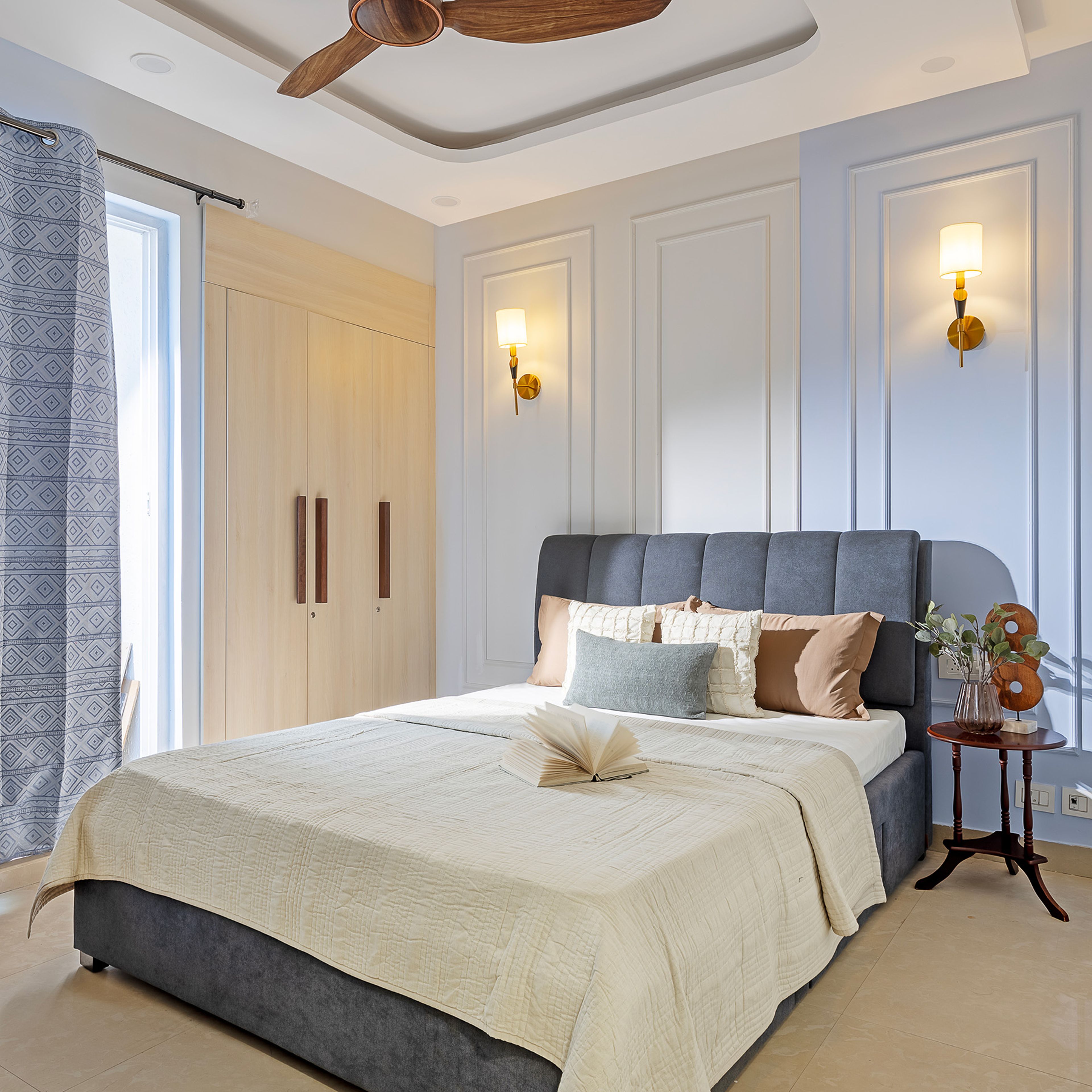 Bedroom Design with Powder Blue Wall with Trims and 3-Door Natural Wood Swing Wardrobe