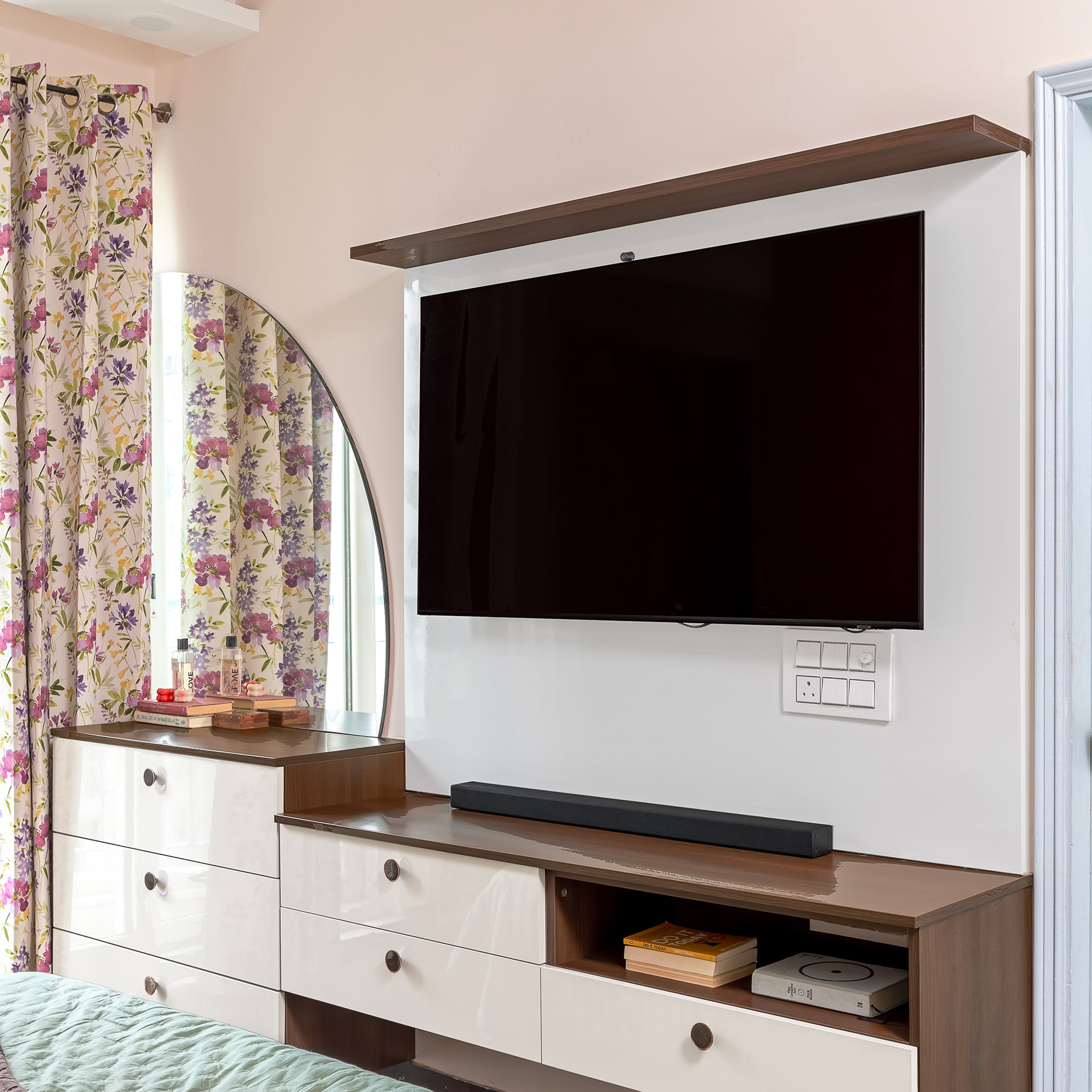 White and Brown TV Unit Design with Multiple Drawers and Half Circle Mirror