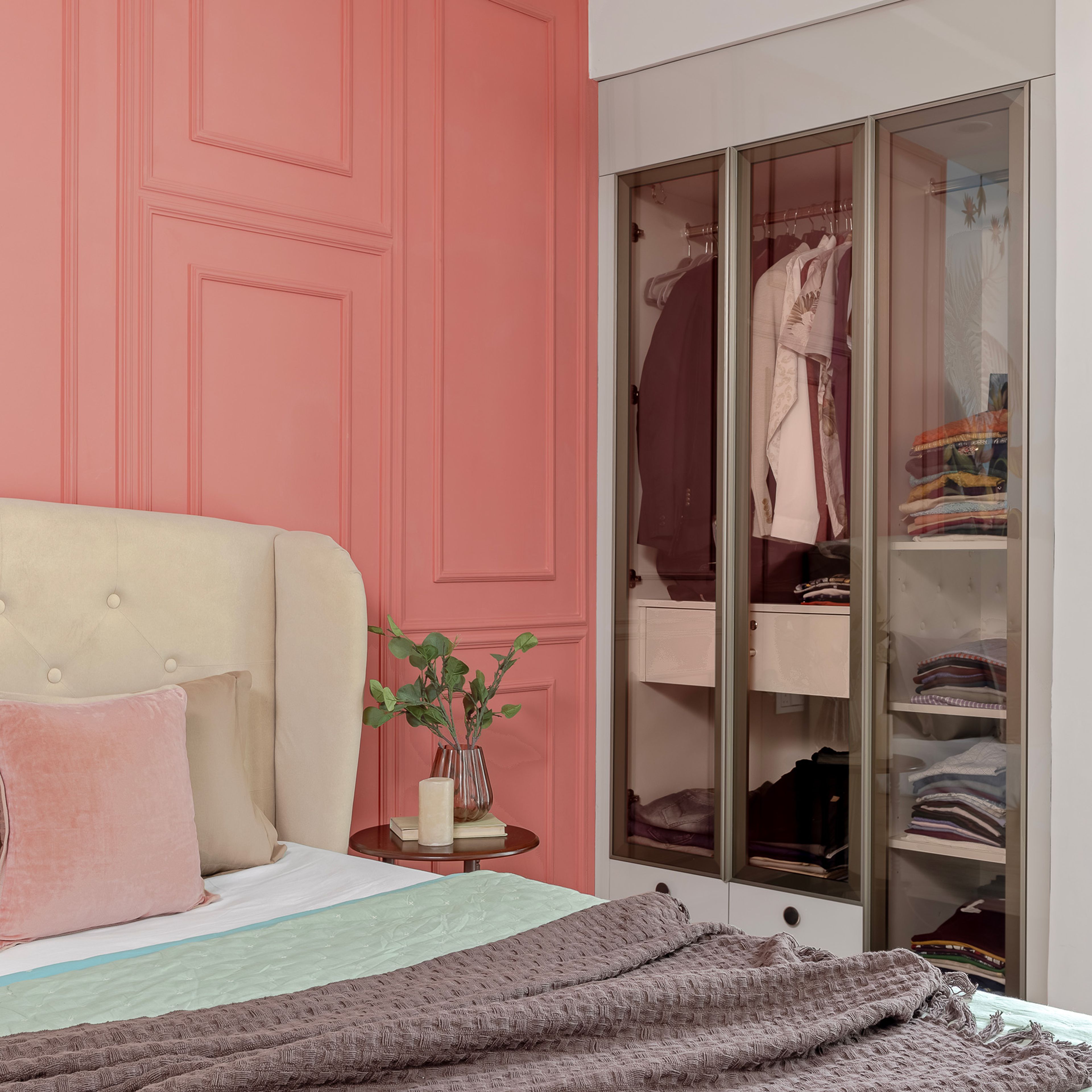 2-Door Glass Swing Wardrobe with Attached Tall Unit Wardrobe