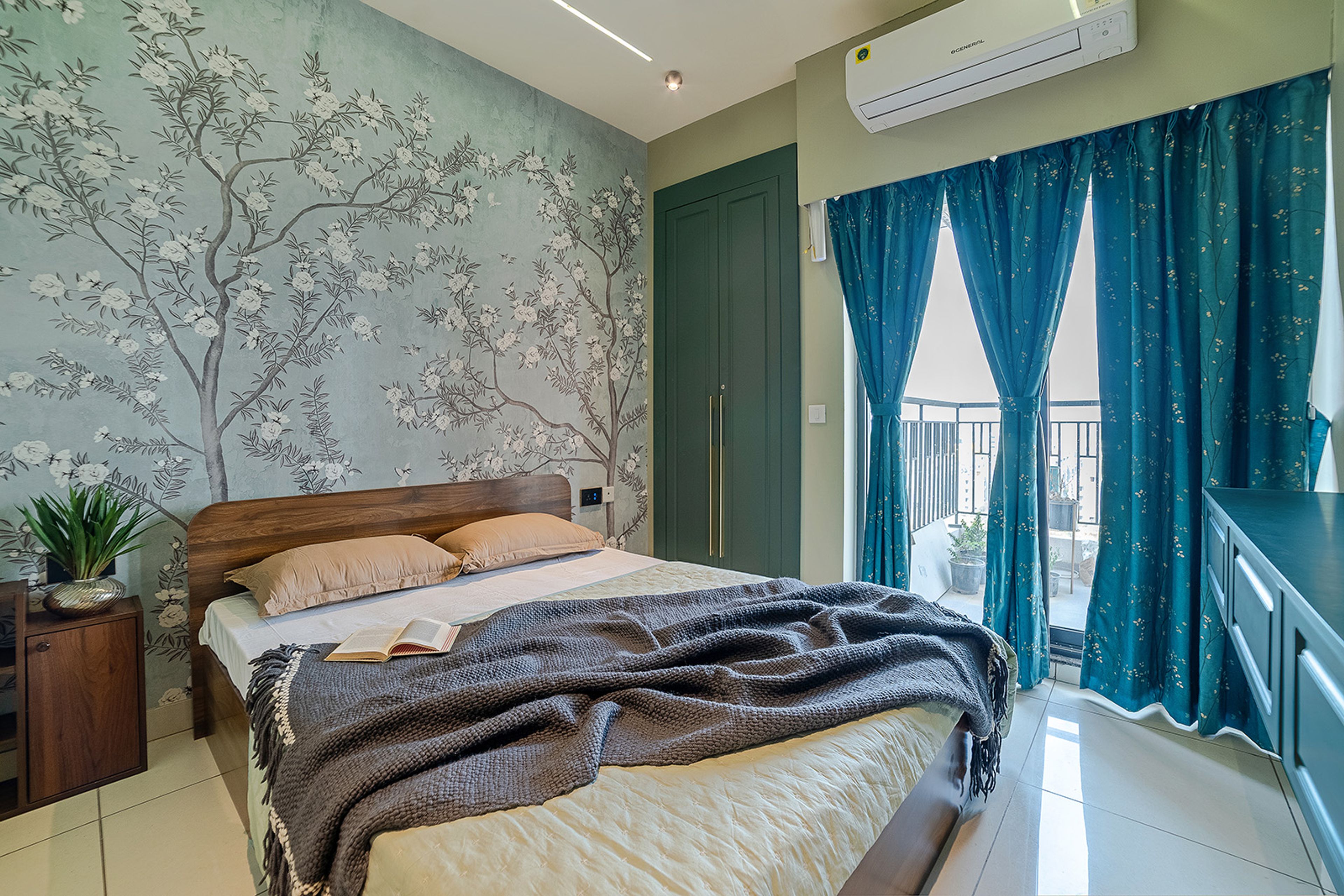 Bedroom Design with Floral Tree Sea Green Wallpaper and 2-Door Green Swing Wardrobe