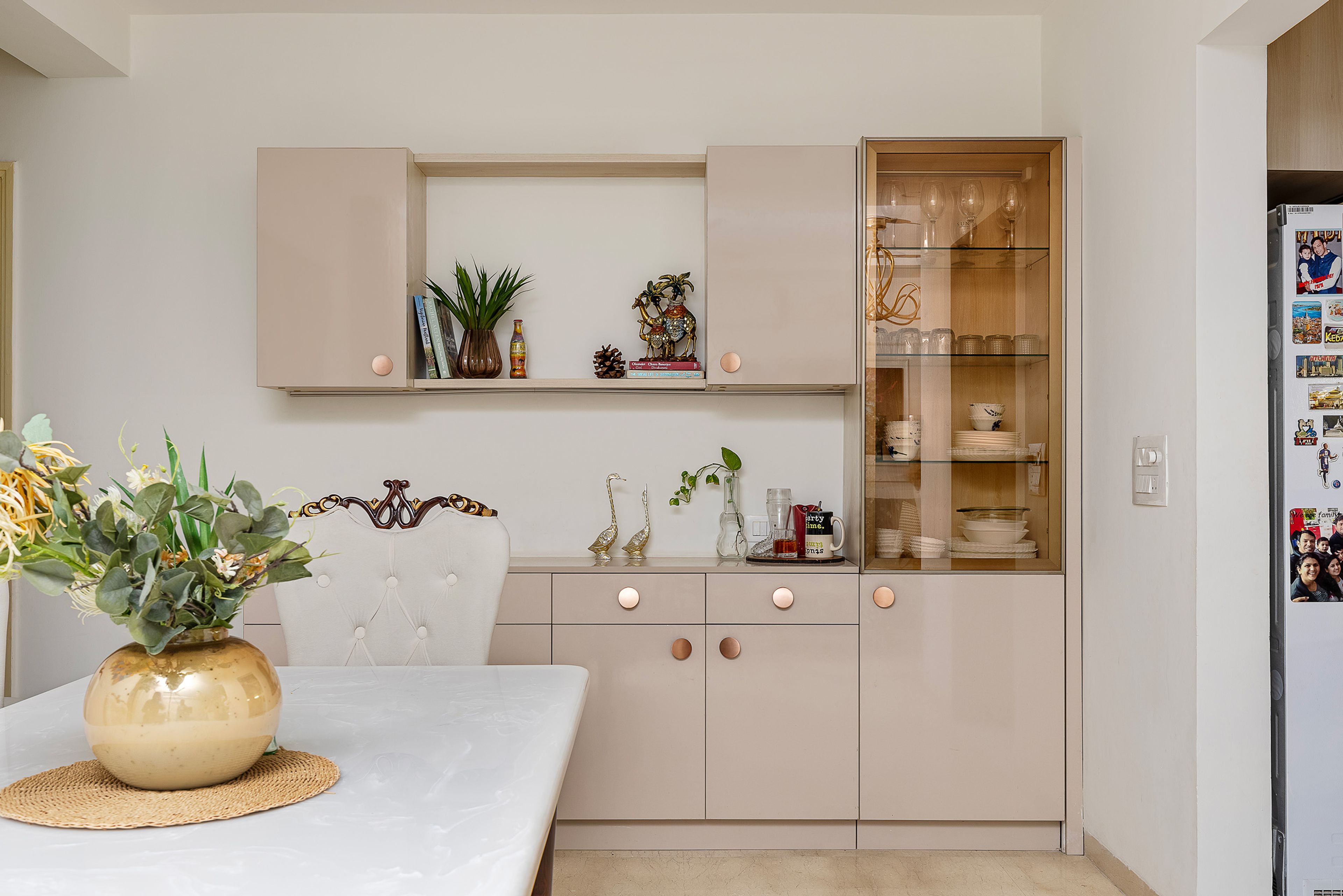 Crockery Unit Design with Glass Unit and Beige Units