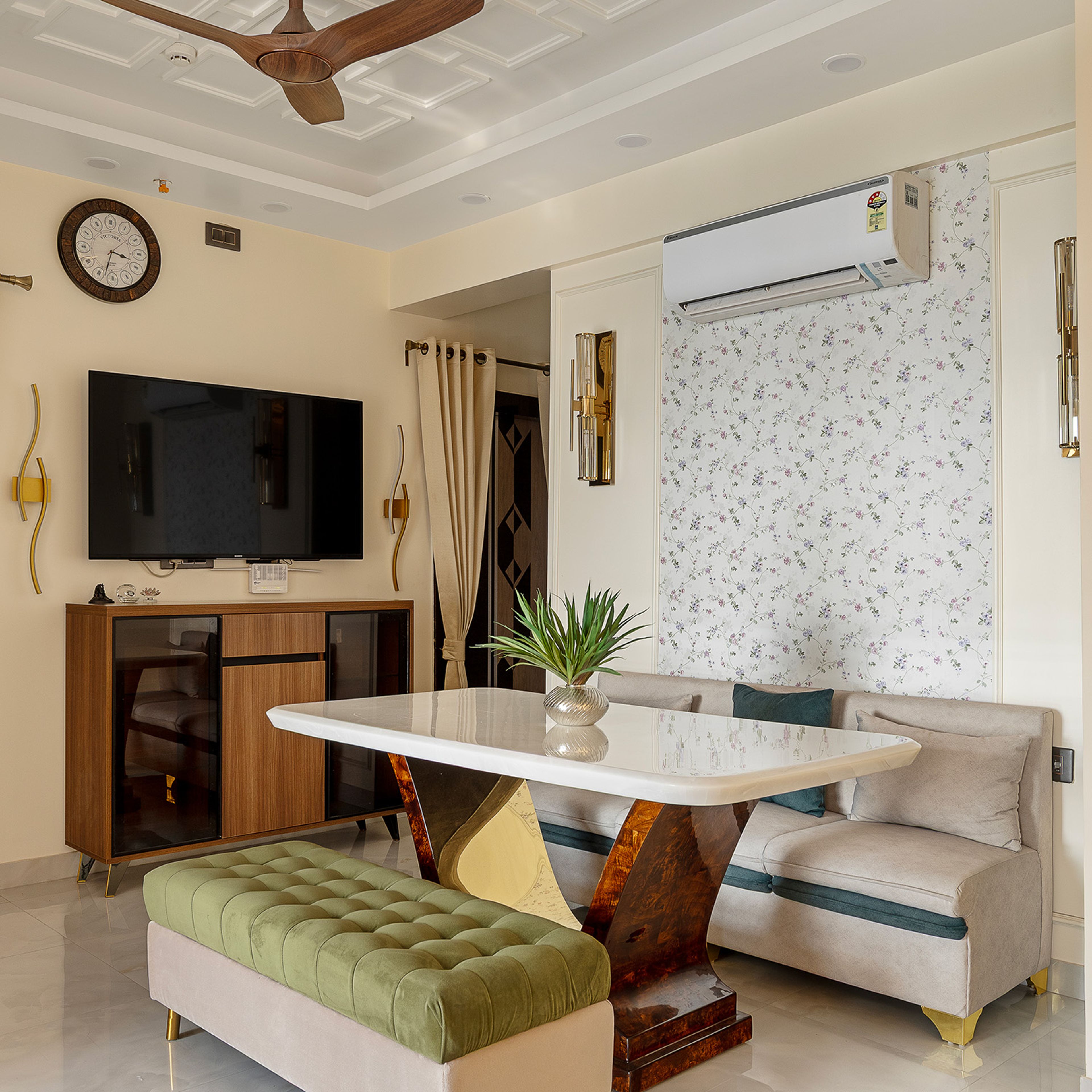 Dining Room Design with Grey Sofa, Green Cushioned Bench and White Marble Top Table