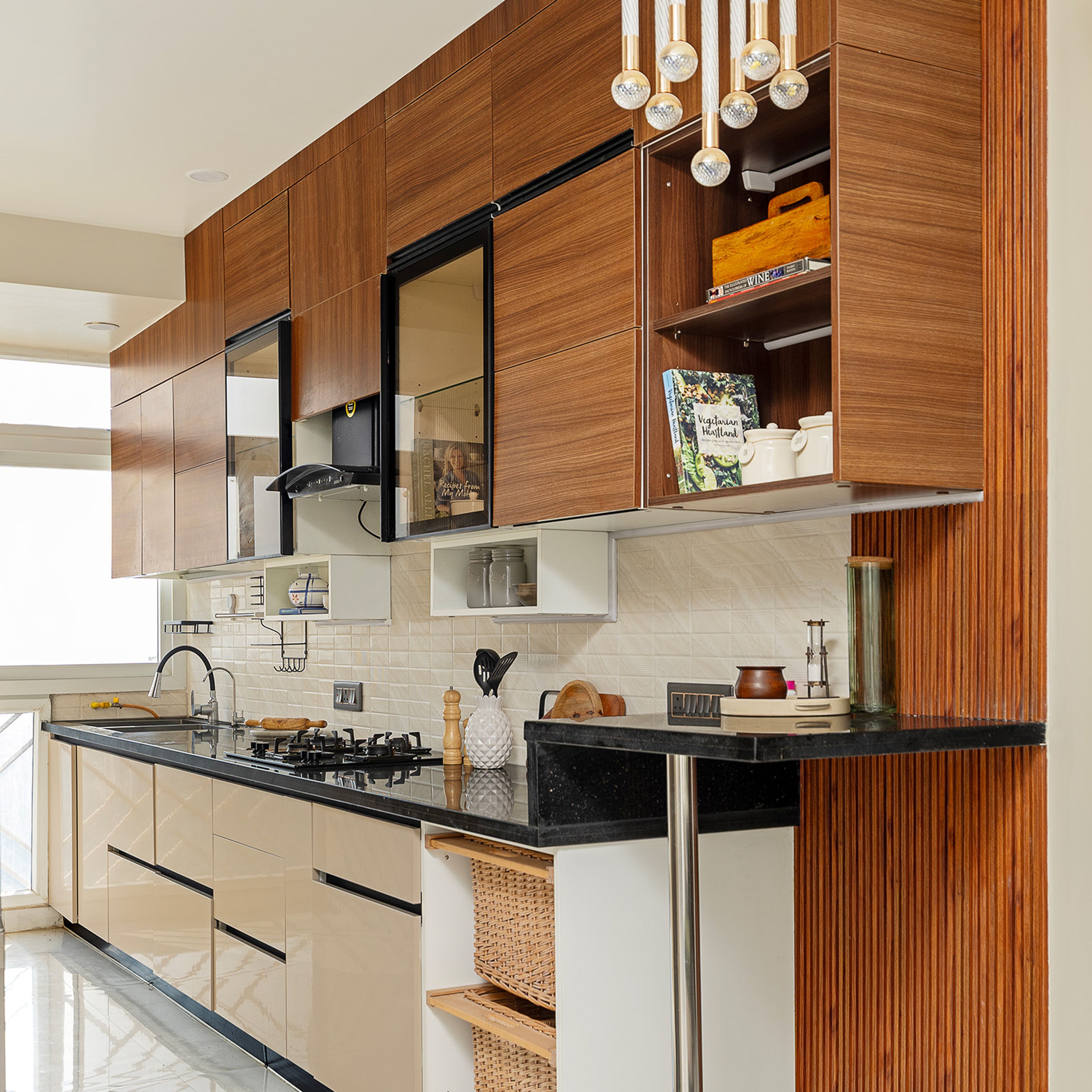 Parallel Kitchen Design with Wooden Wall Units and Cream Base Units