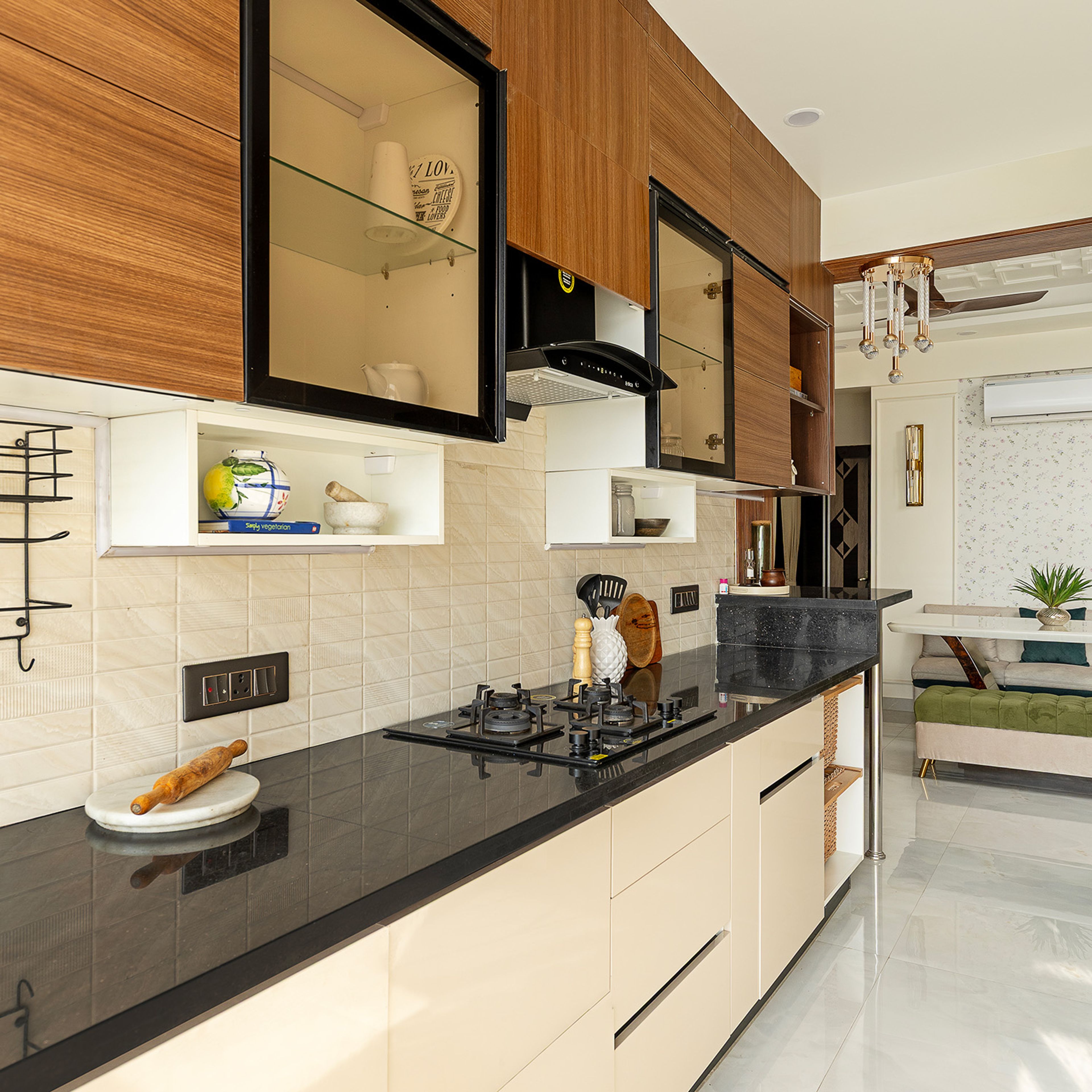Parallel Kitchen Design with Granite Countertop, Wooden Wall Units and Cream Base Units