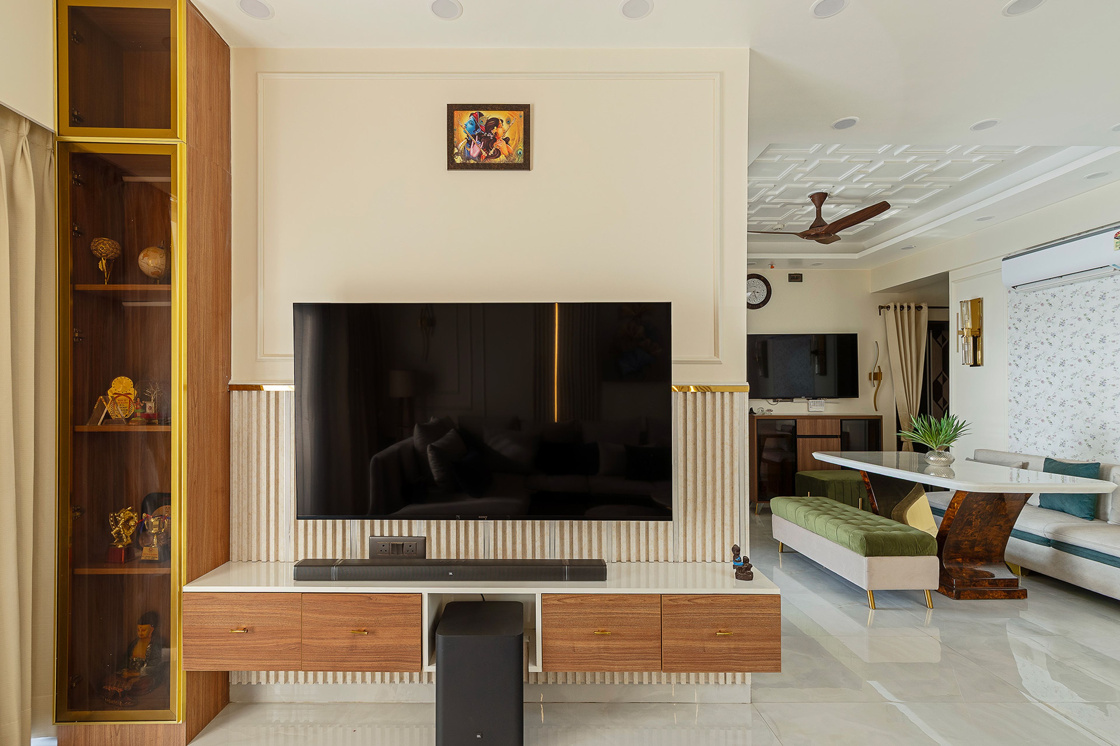 TV Unit Design with Wooden Tall Unit and Textured Louvered Half Backsplash Wall